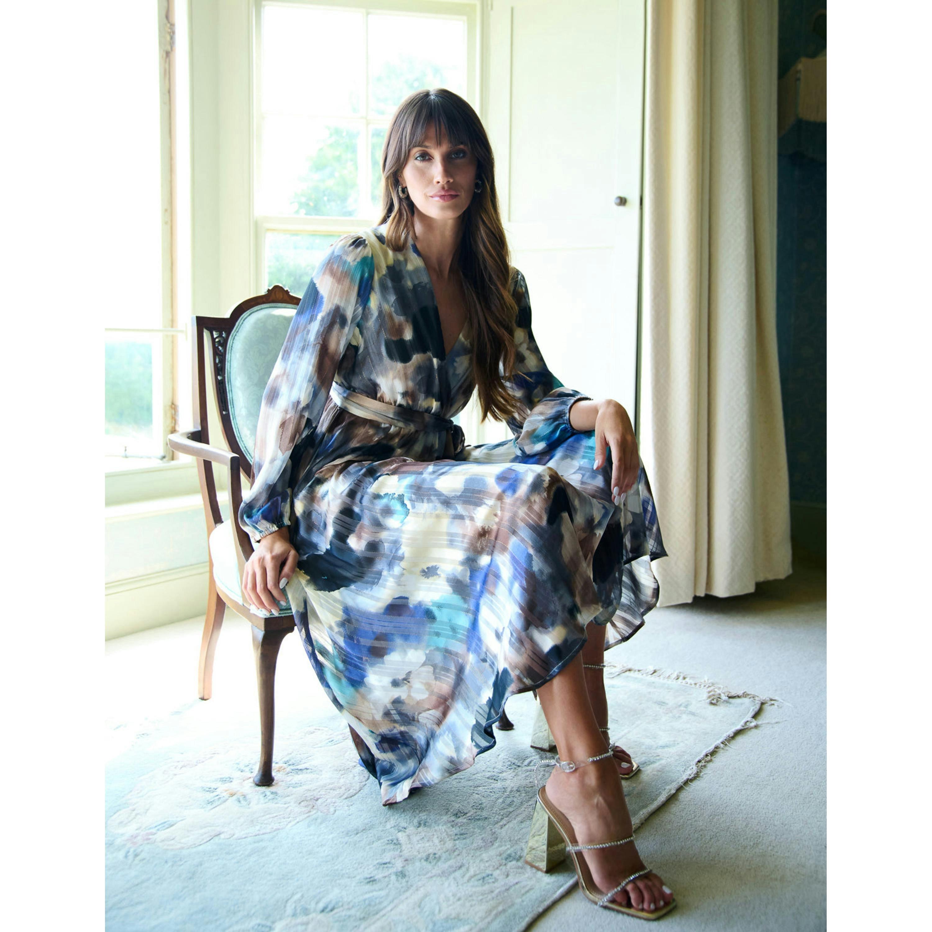 Blue Vanilla Watercolour Wrap Midi Dress  in Navy , view 5 of 6