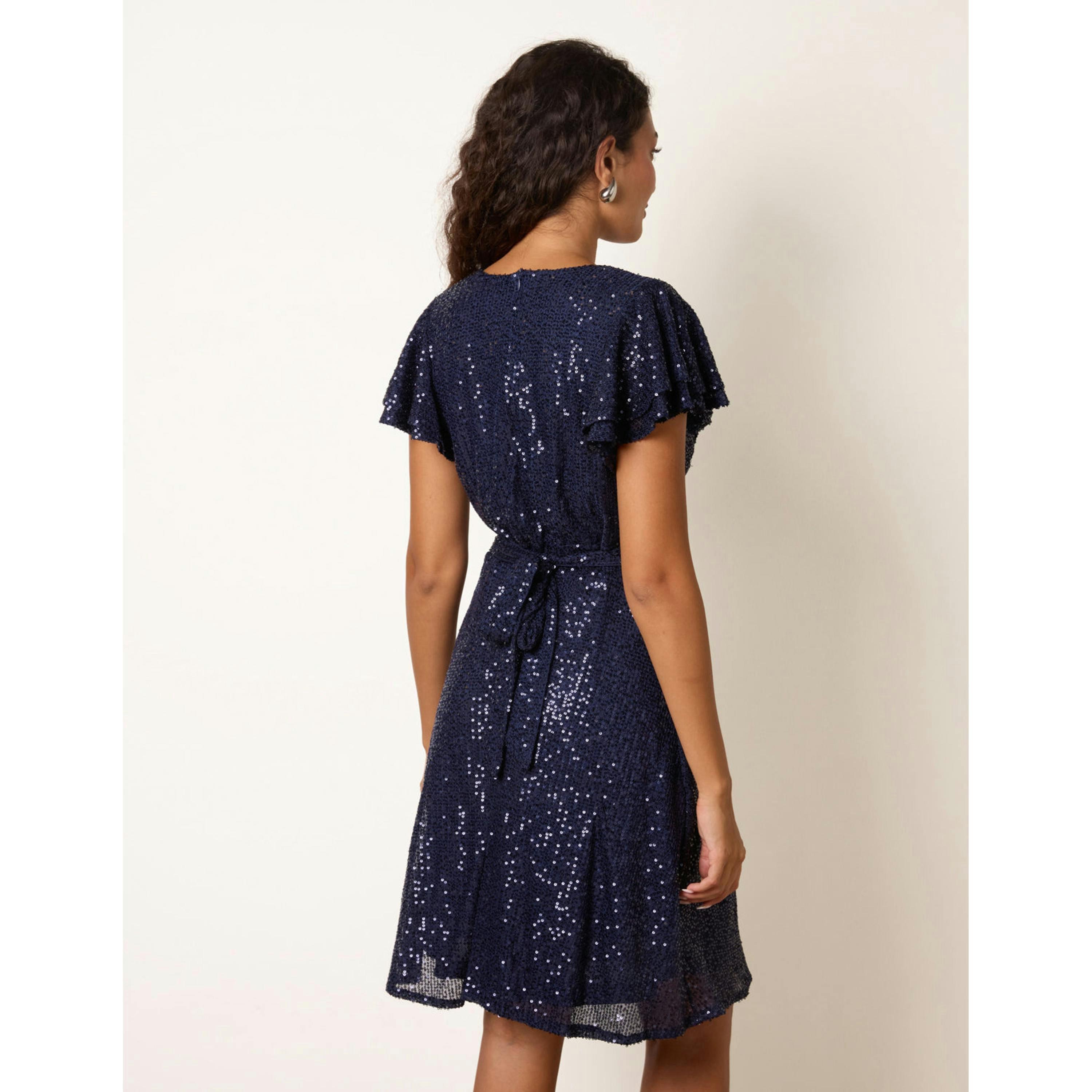Blue Vanilla Sequin Wrap Double Frill Sleeve Dress  in Navy , view 2 of 4