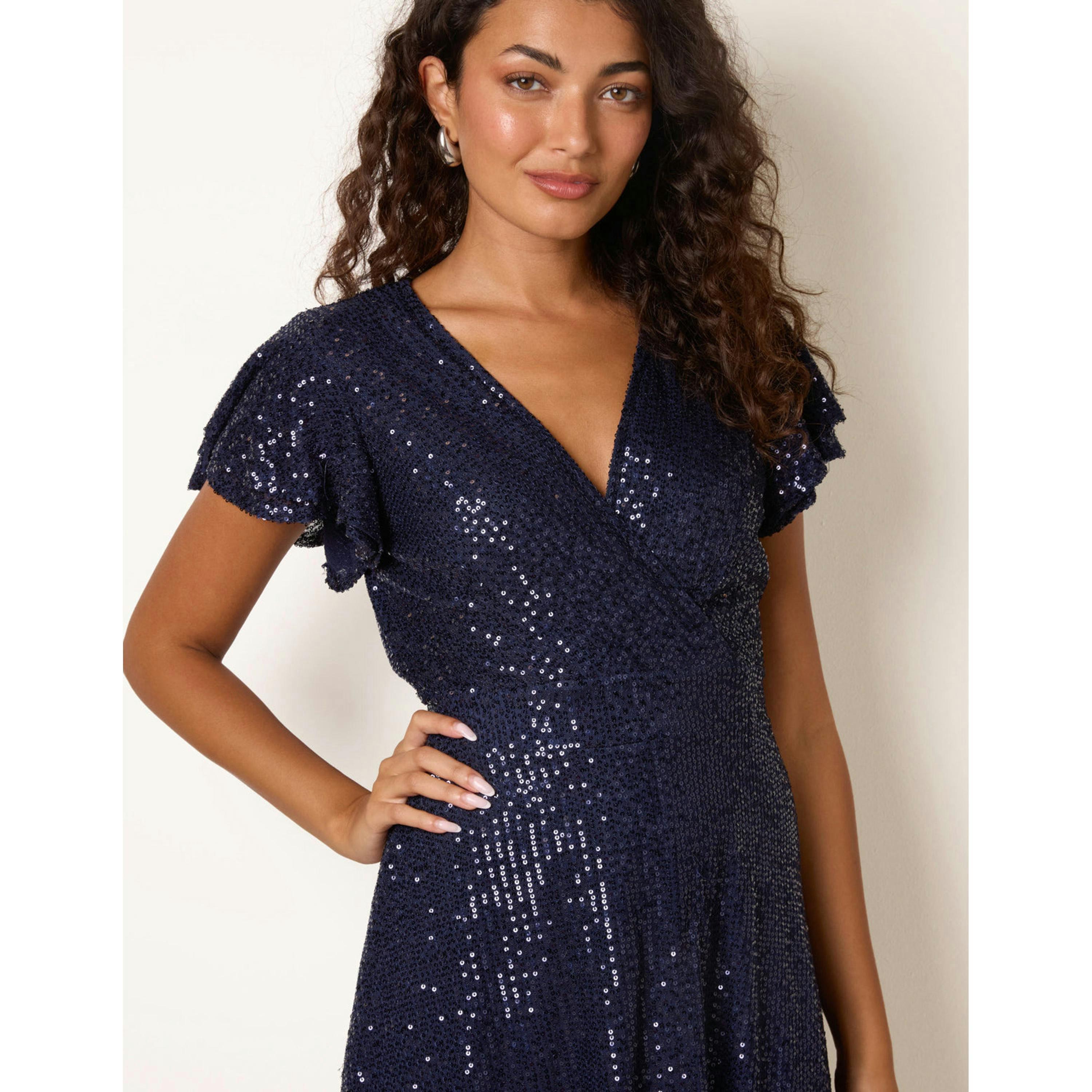Blue Vanilla Sequin Wrap Double Frill Sleeve Dress  in Navy , view 3 of 4