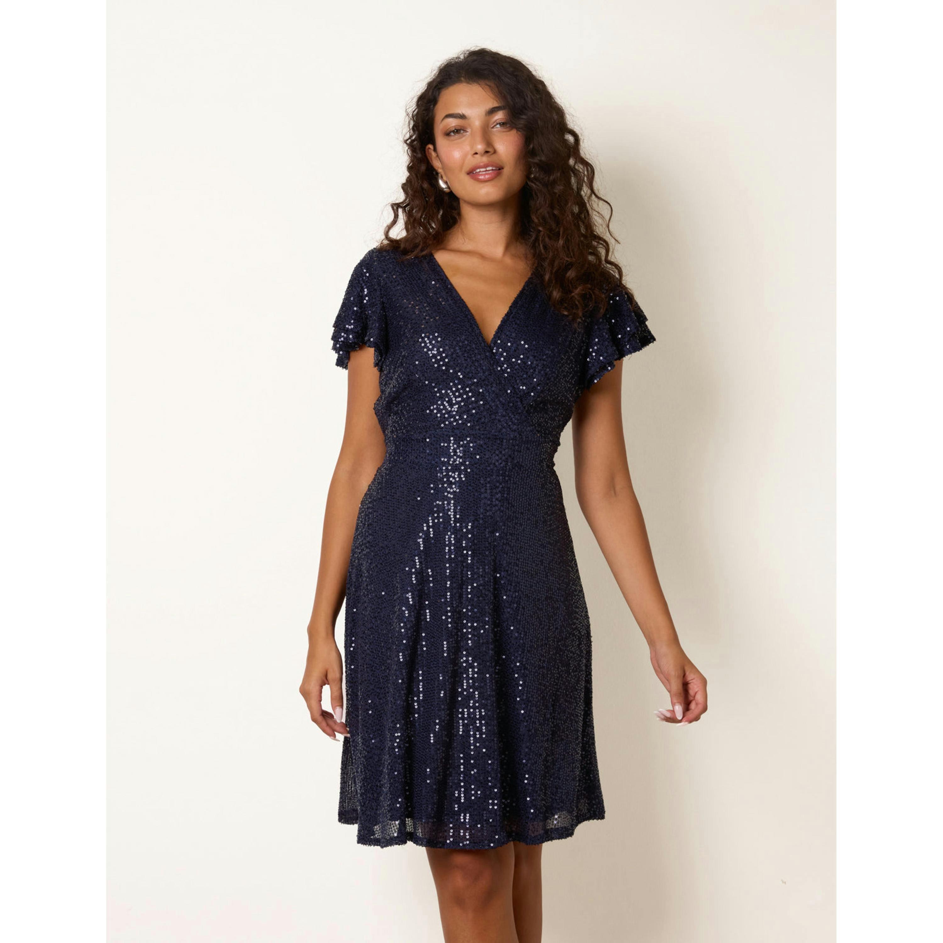 Blue Vanilla Sequin Wrap Double Frill Sleeve Dress  in Navy , view 4 of 4