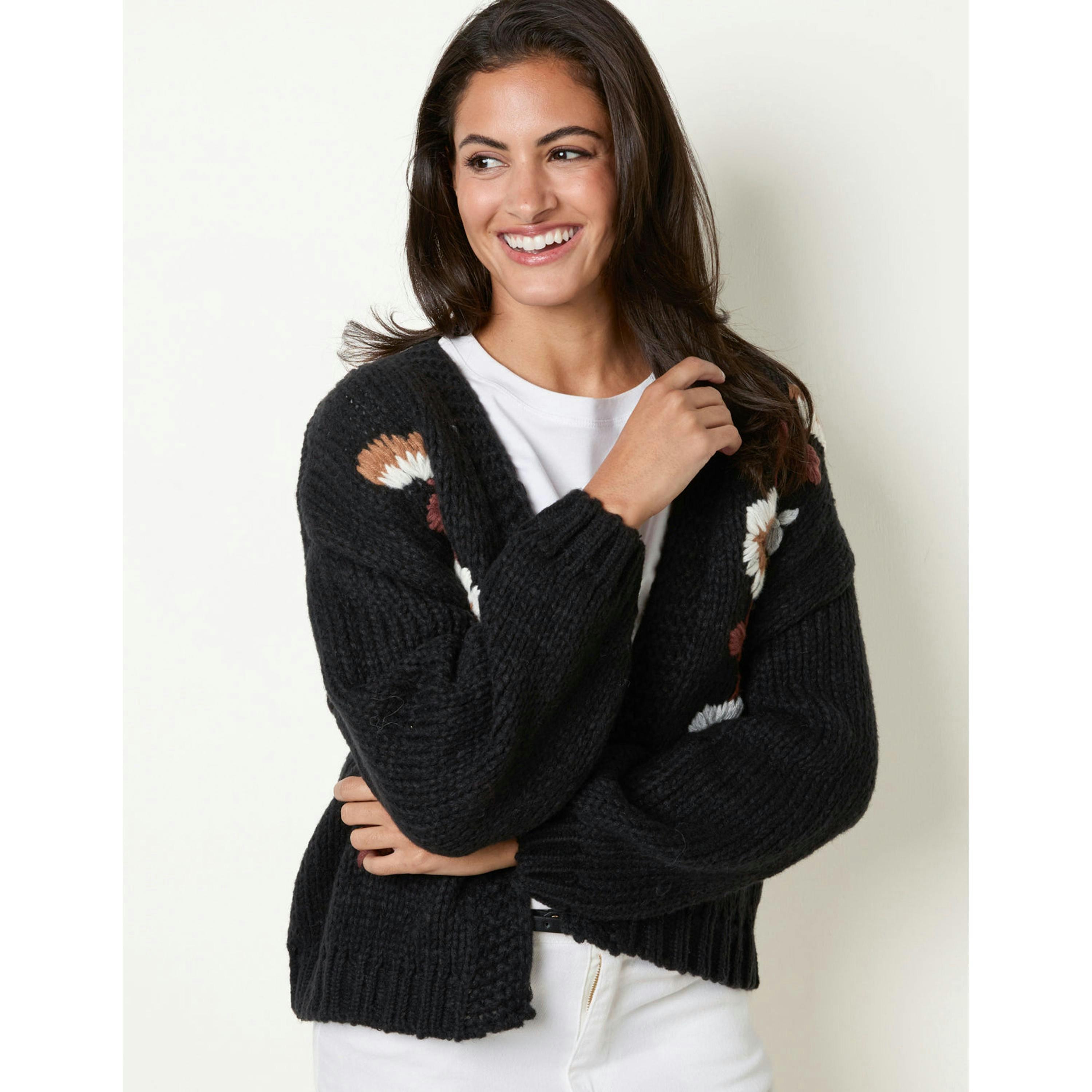 Blue Vanilla Cardigan With Floral Embroidery  in Black , view 3 of 6