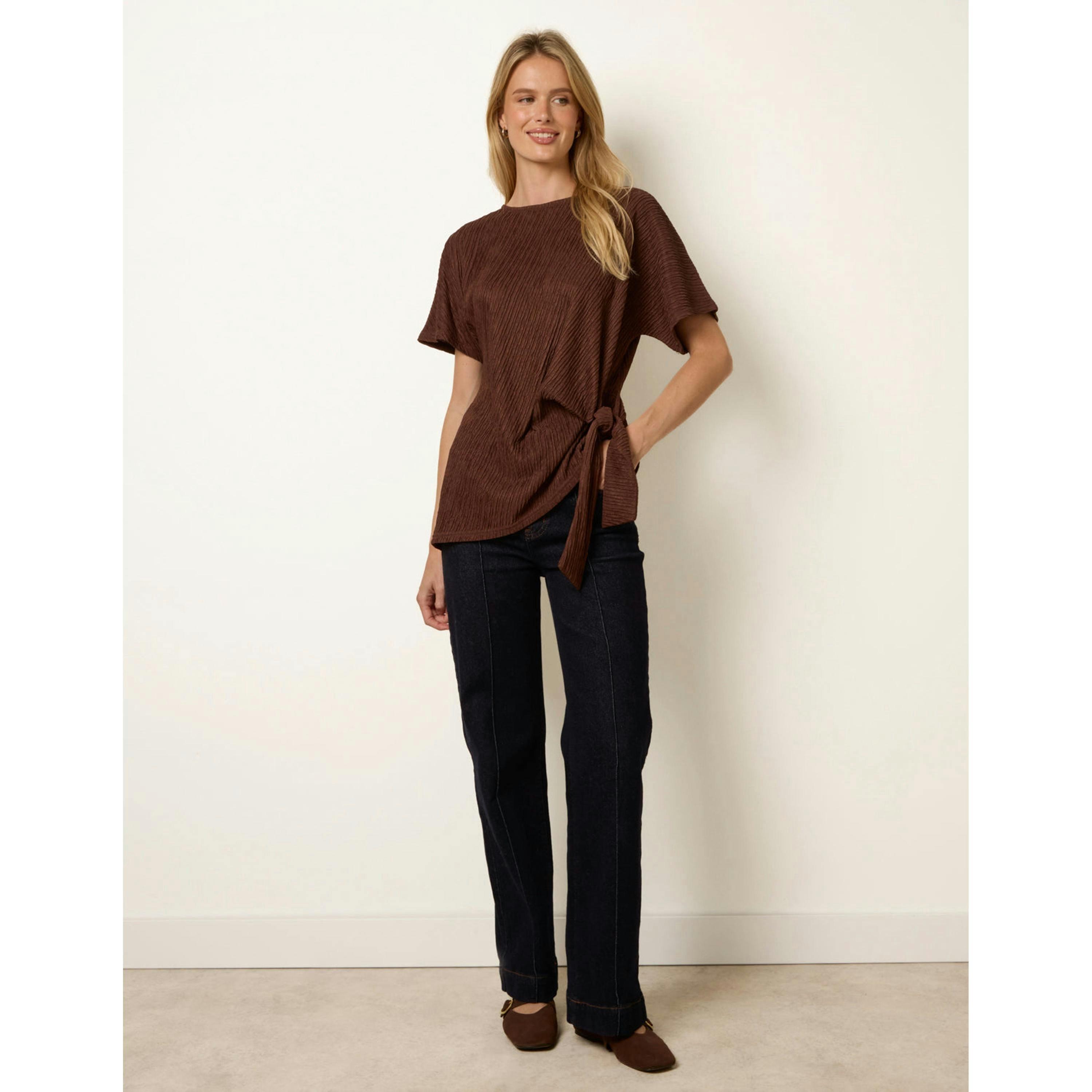Blue Vanilla Side Tie Crinkle Top  in Brown , view 3 of 4