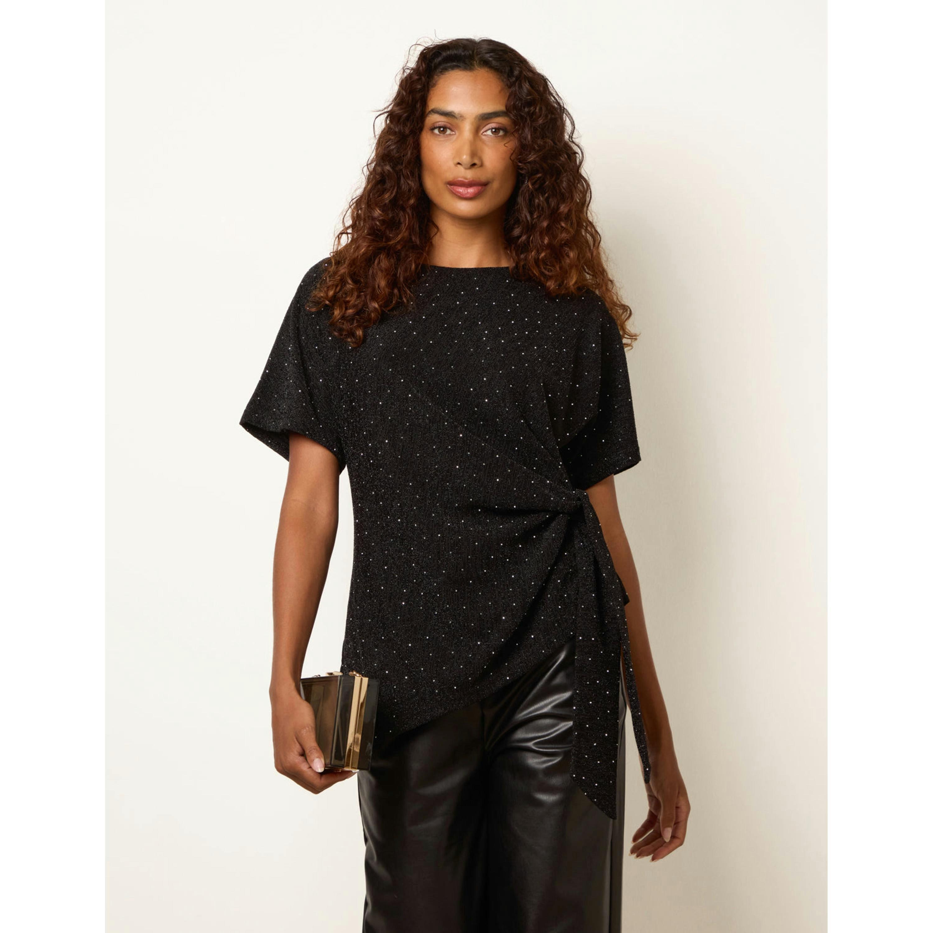 Blue Vanilla Side Tie Rhinestone Jacquard Top  in Black , view 3 of 4