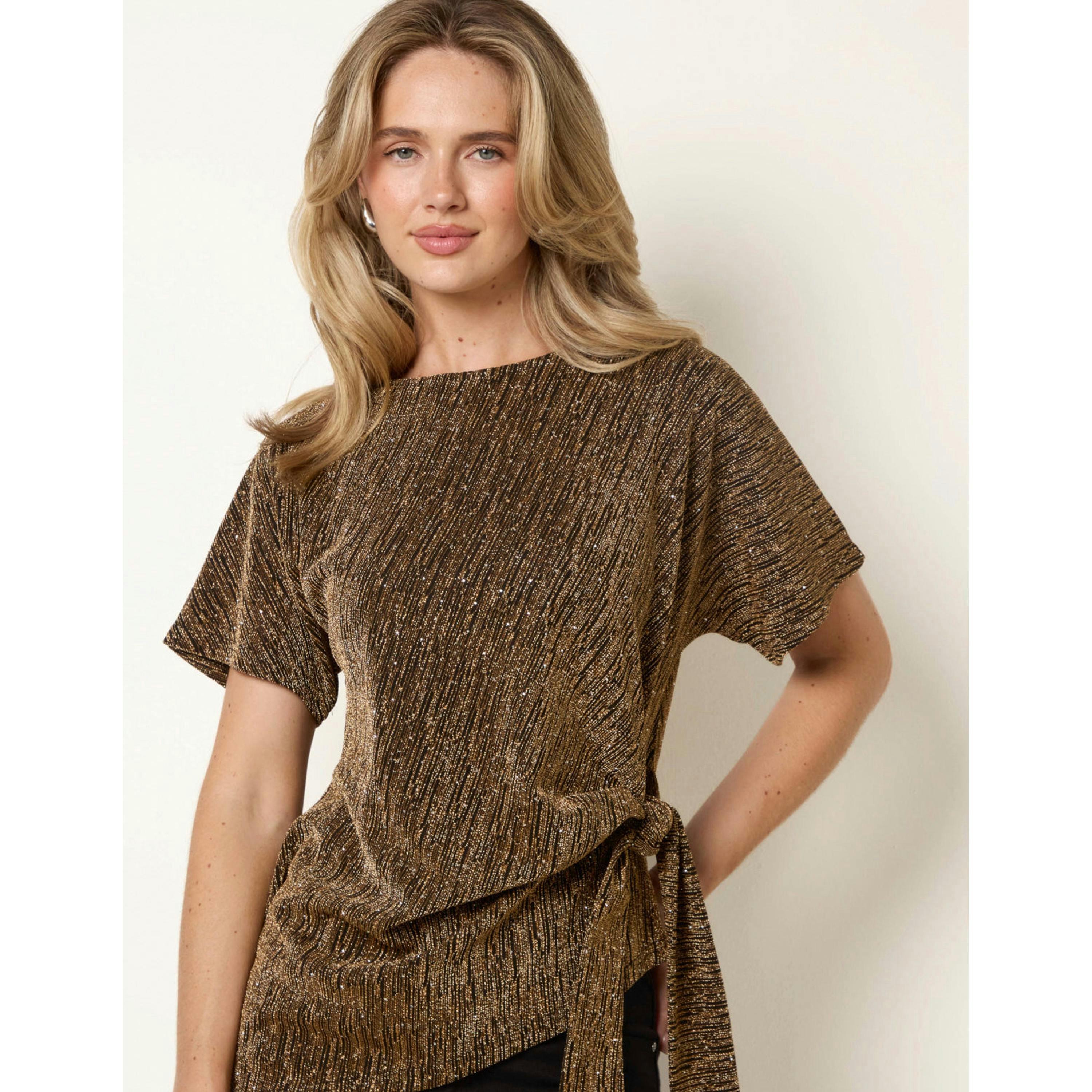 Blue Vanilla Side Tie Rhinestone Jacquard Top  in Gold , view 3 of 4