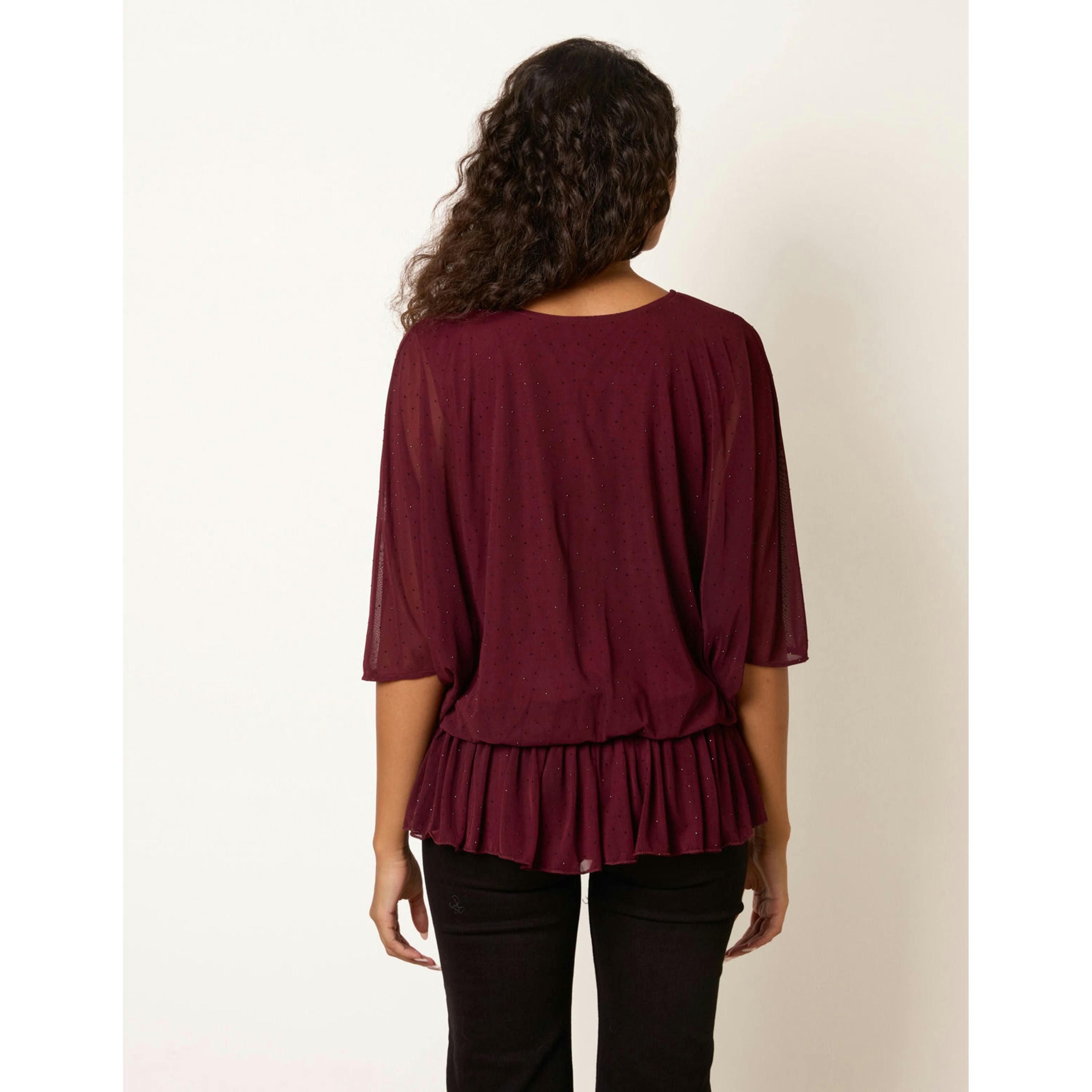 Blue Vanilla Mesh Diamante Batwing Top  in Wine , view 2 of 4
