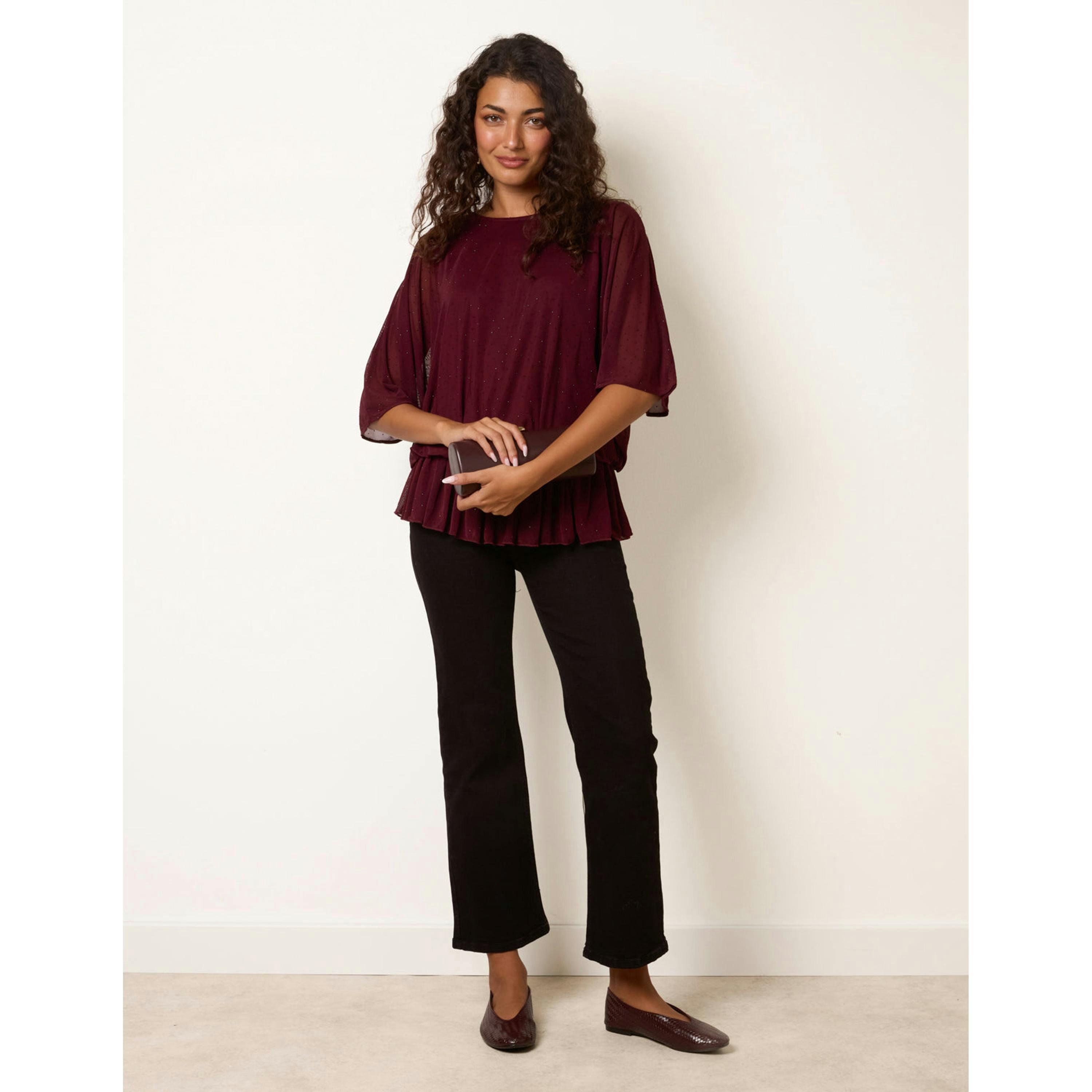 Blue Vanilla Mesh Diamante Batwing Top  in Wine , view 3 of 4