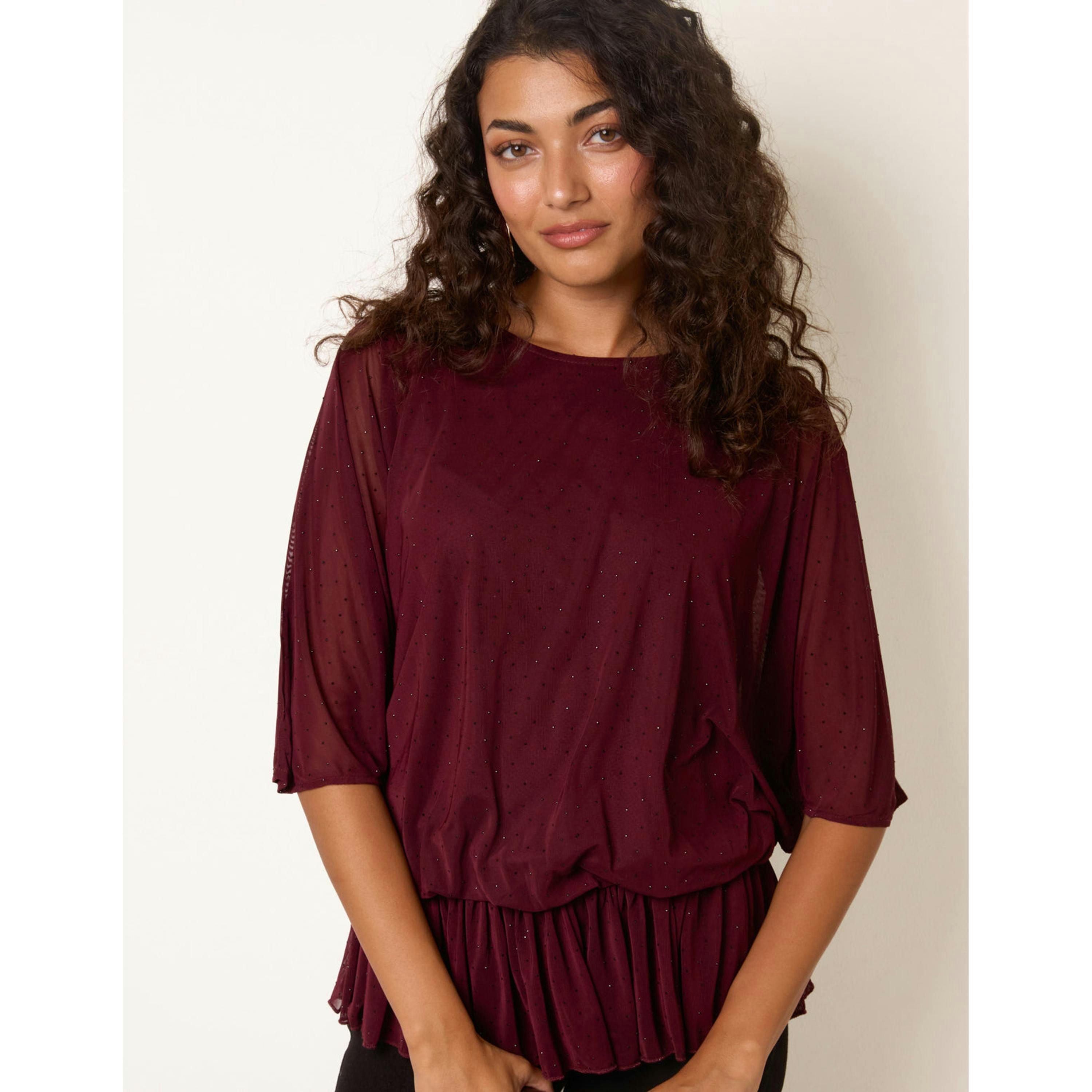 Blue Vanilla Mesh Diamante Batwing Top  in Wine , view 4 of 4
