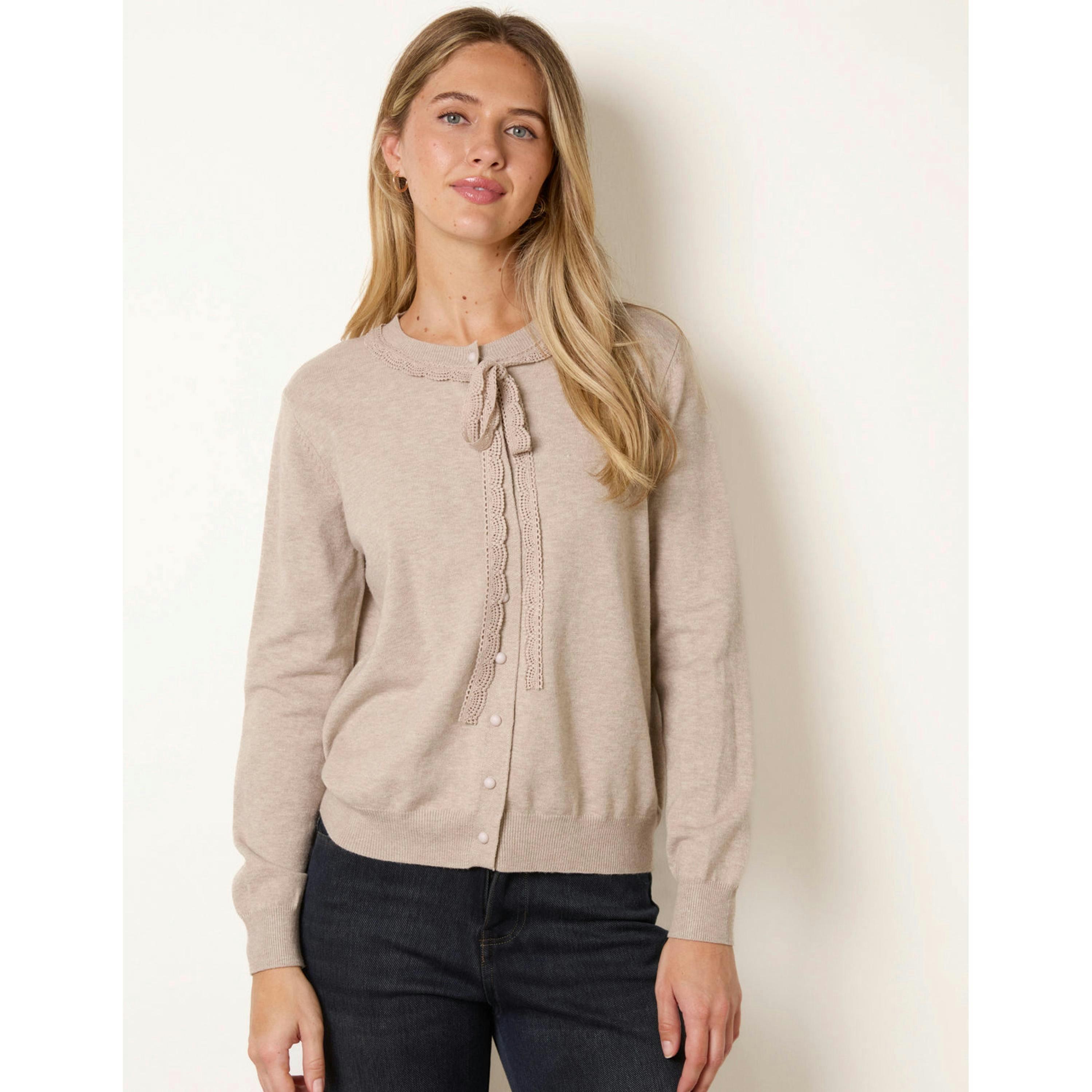 Blue Vanilla Cardigan With Crochet Tie Front Bow Detail  in Stone , view 4 of 4