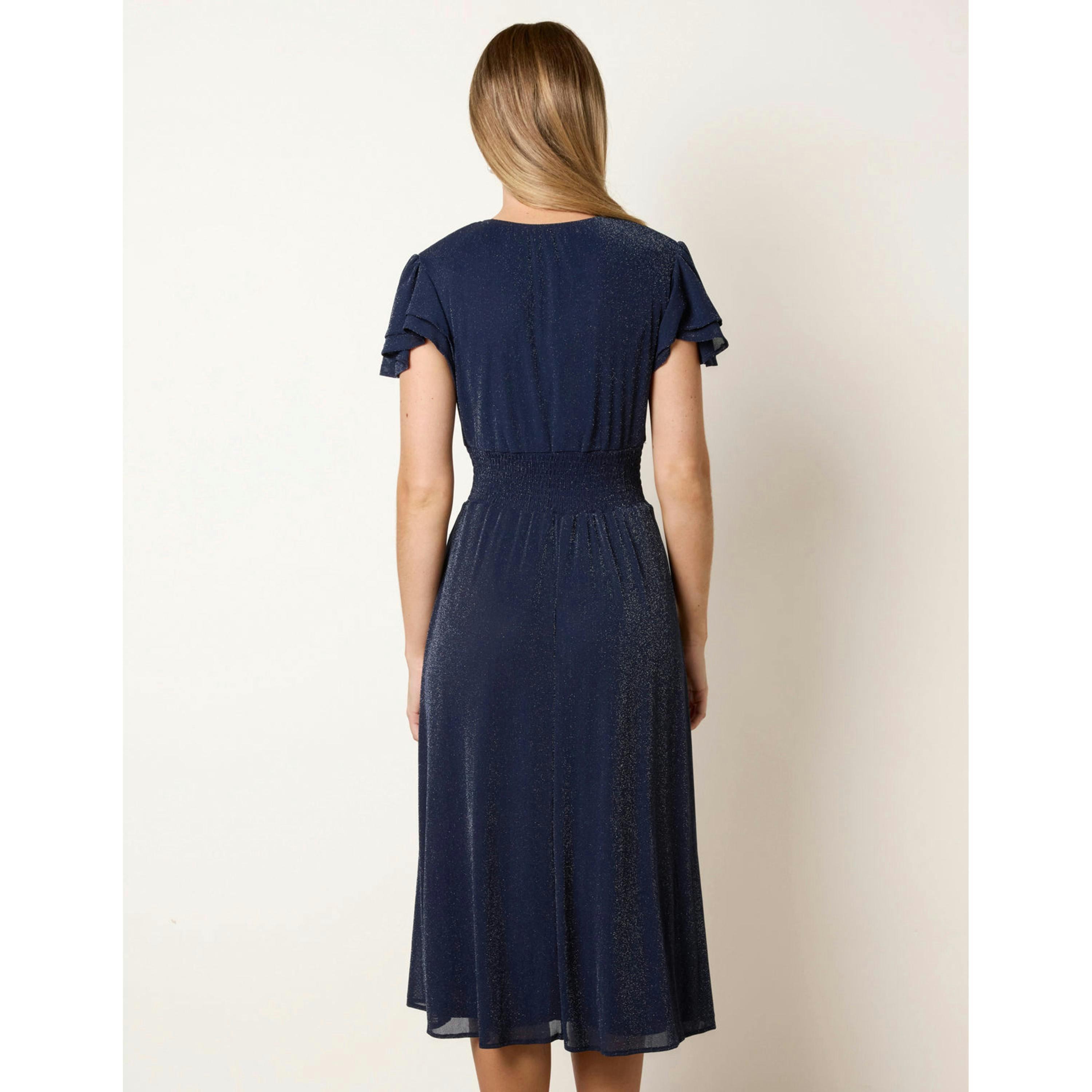Blue Vanilla Metallic V Neck Double Frill Sleeve Midi  in Navy , view 2 of 4