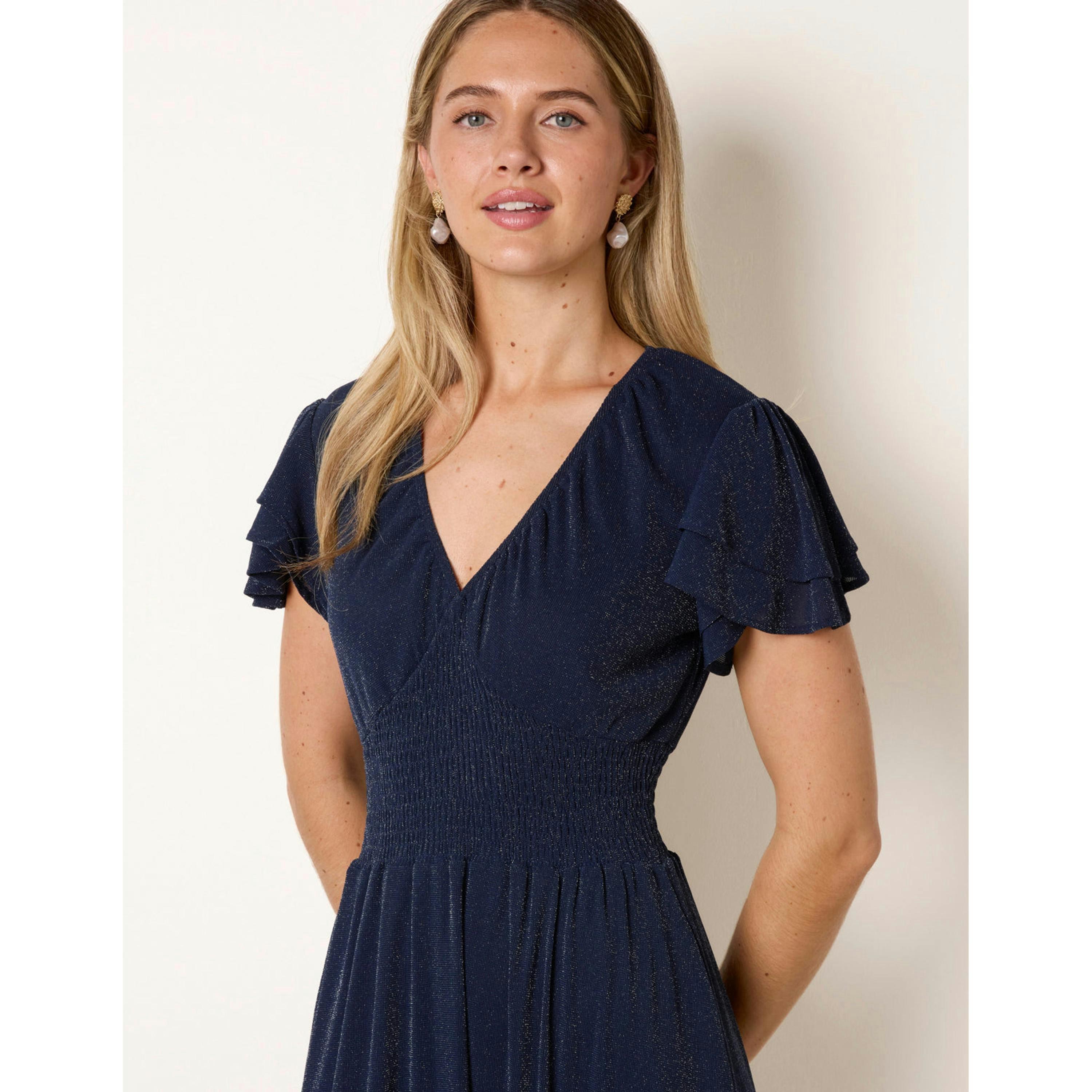 Blue Vanilla Metallic V Neck Double Frill Sleeve Midi  in Navy , view 3 of 4