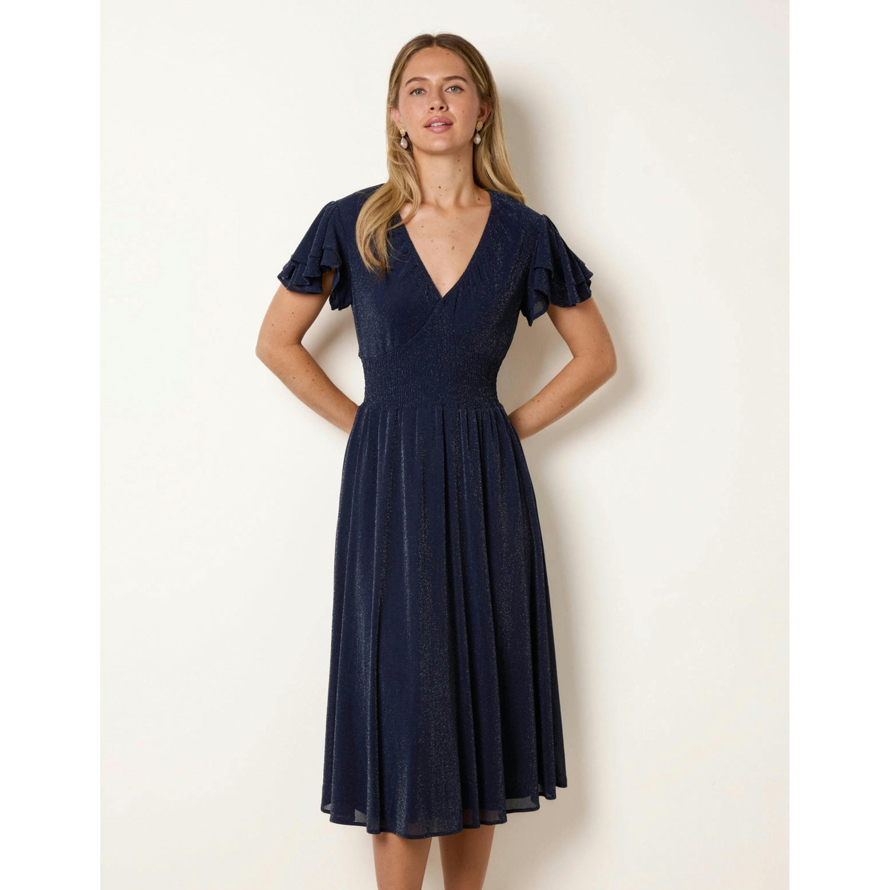 Blue Vanilla Metallic V Neck Double Frill Sleeve Midi  in Navy , view 4 of 4