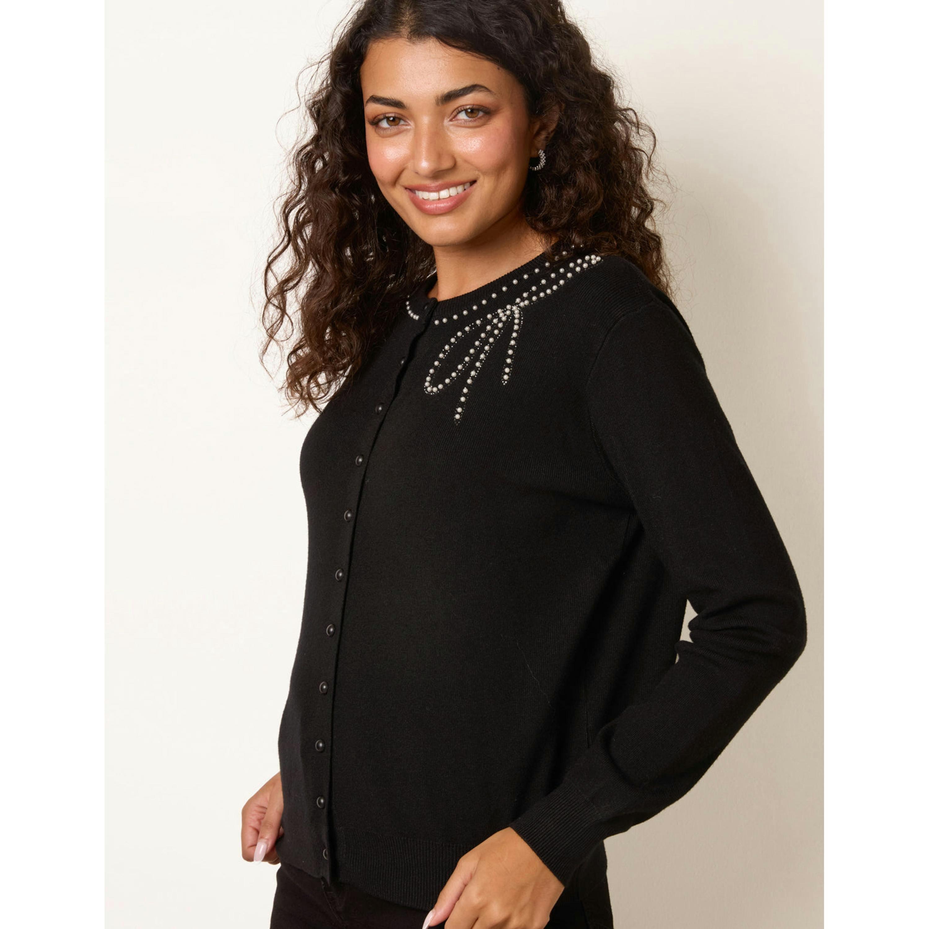Blue Vanilla Cardigan With Rhinestone Bow Details  in Black , view 3 of 4