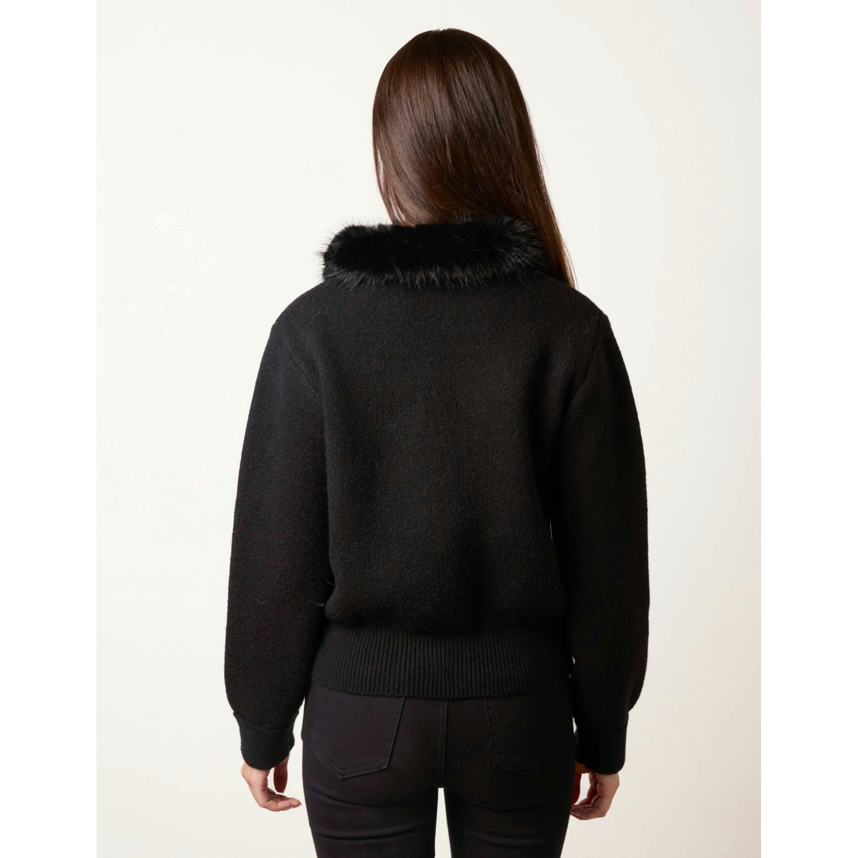 Blue Vanilla Zip-Up Cardigan With Faux Fur Collar  in Black , view 2 of 4