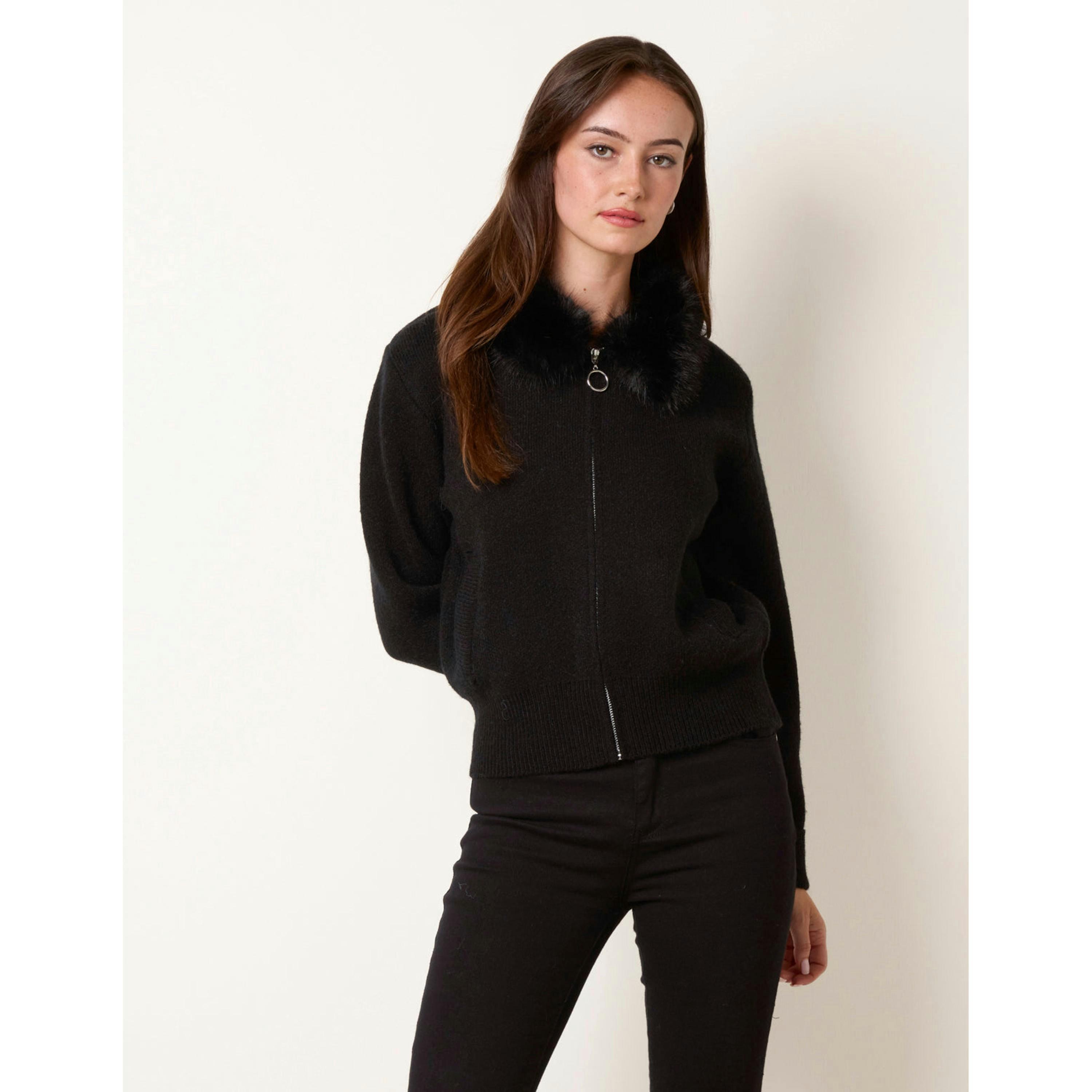 Blue Vanilla Zip-Up Cardigan With Faux Fur Collar  in Black , view 3 of 4