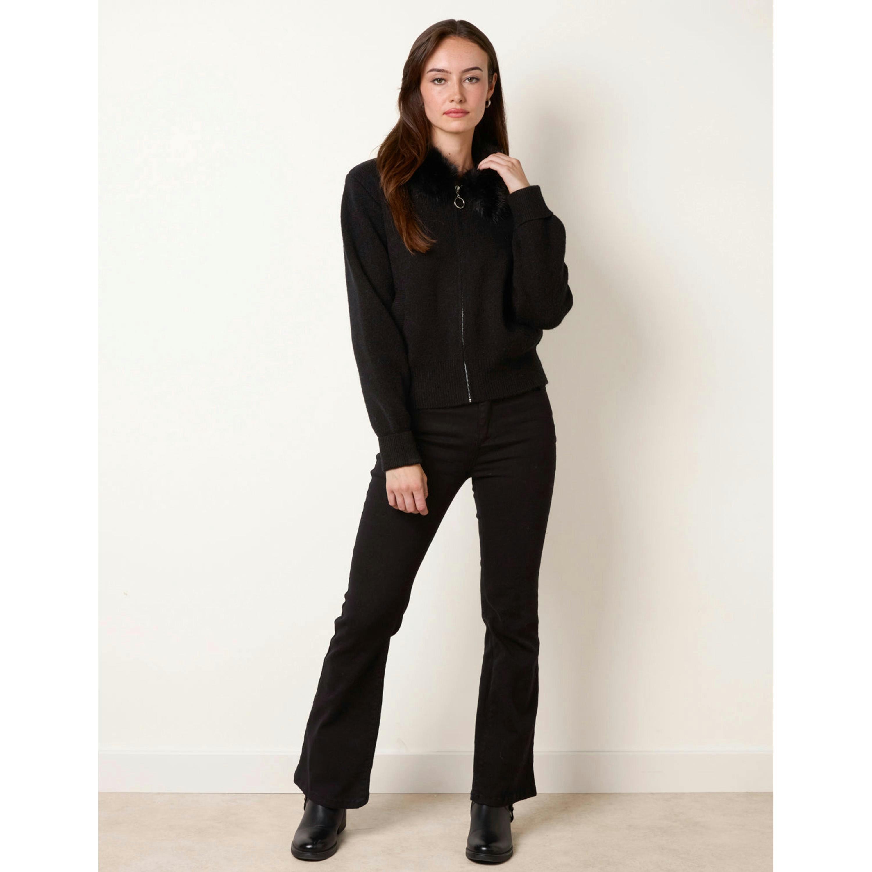 Blue Vanilla Zip-Up Cardigan With Faux Fur Collar  in Black , view 4 of 4