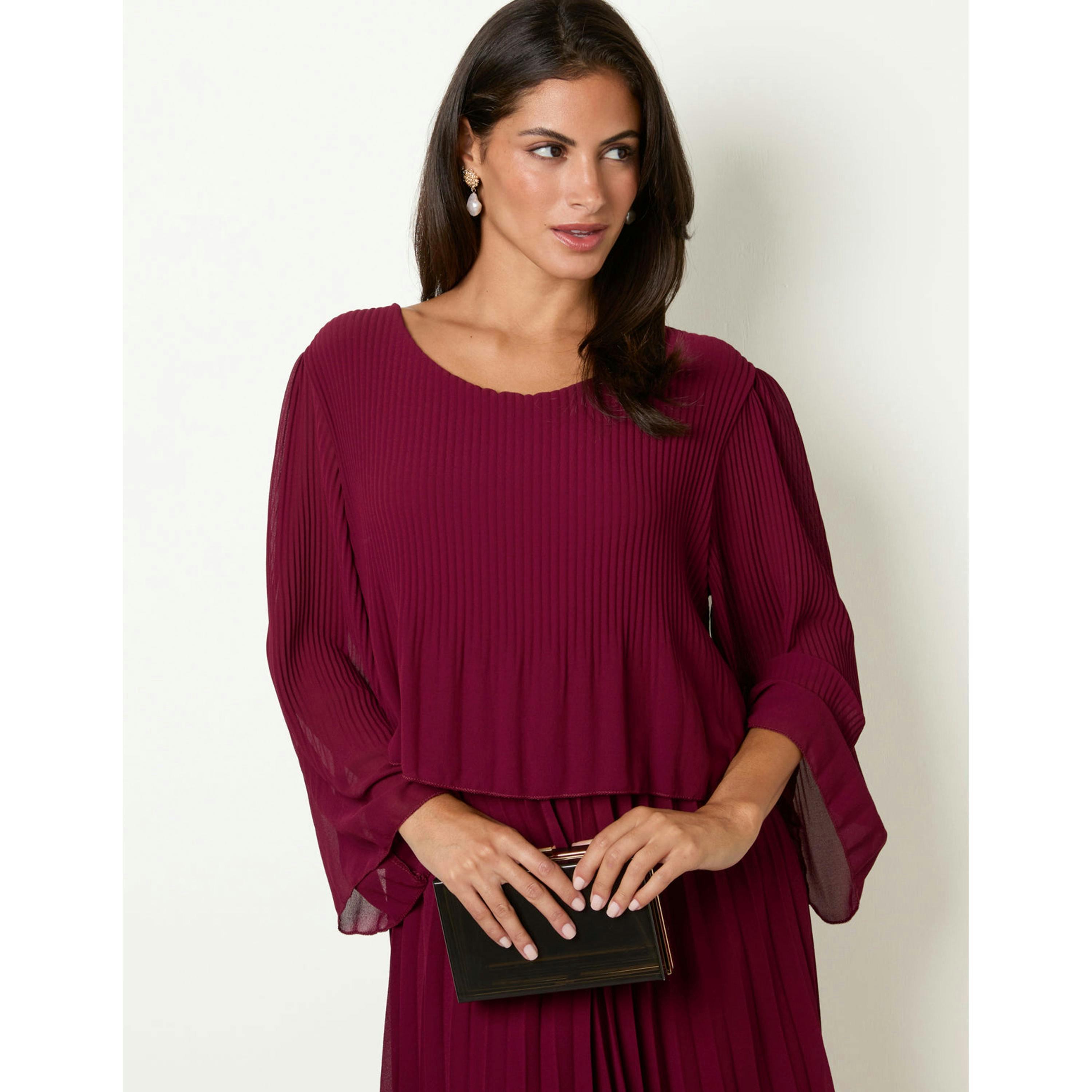 Blue Vanilla Chiffon Pleated Dress  in Wine , view 3 of 4