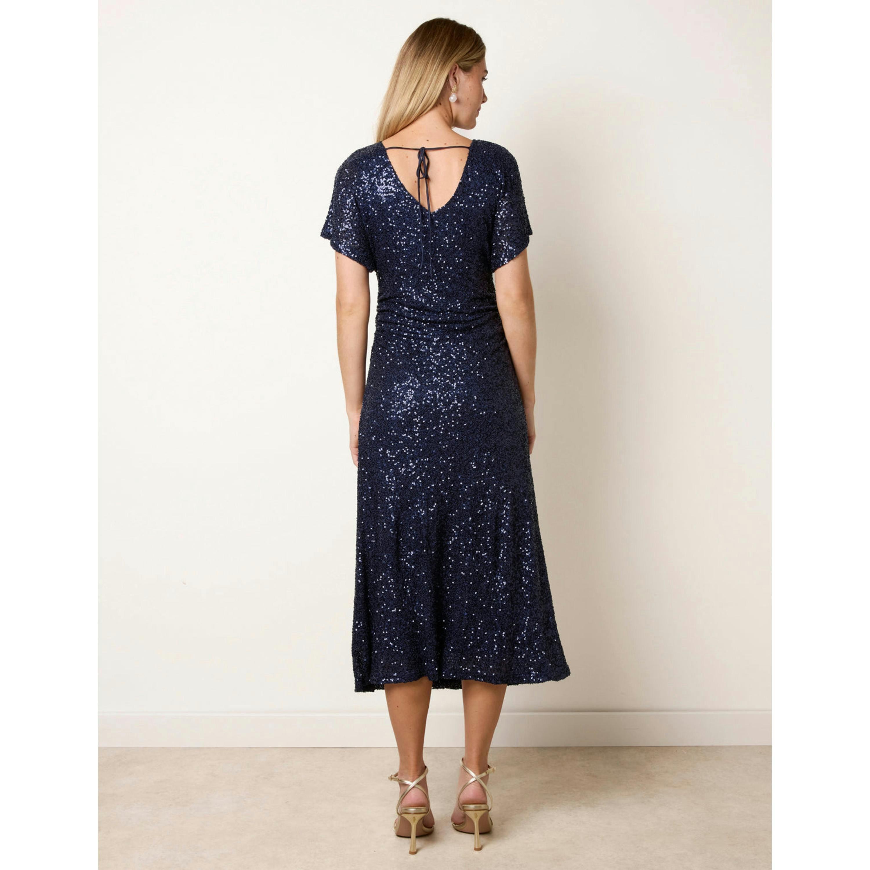Blue Vanilla Ruched Midi Sequin Dress  in Navy , view 2 of 4