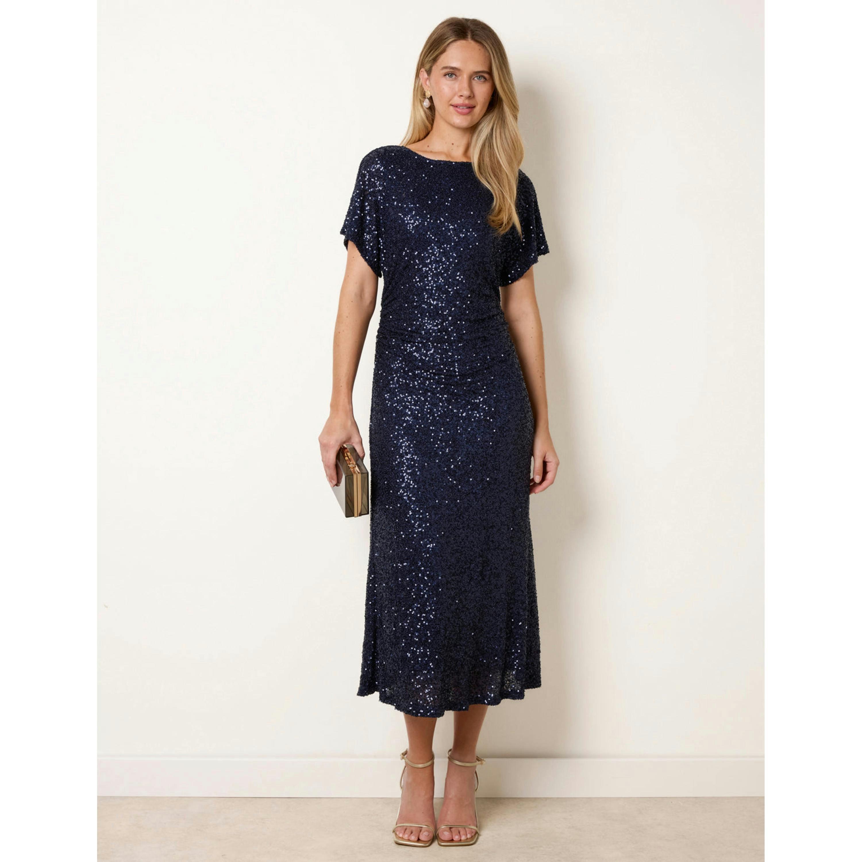 Blue Vanilla Ruched Midi Sequin Dress  in Navy , view 4 of 4