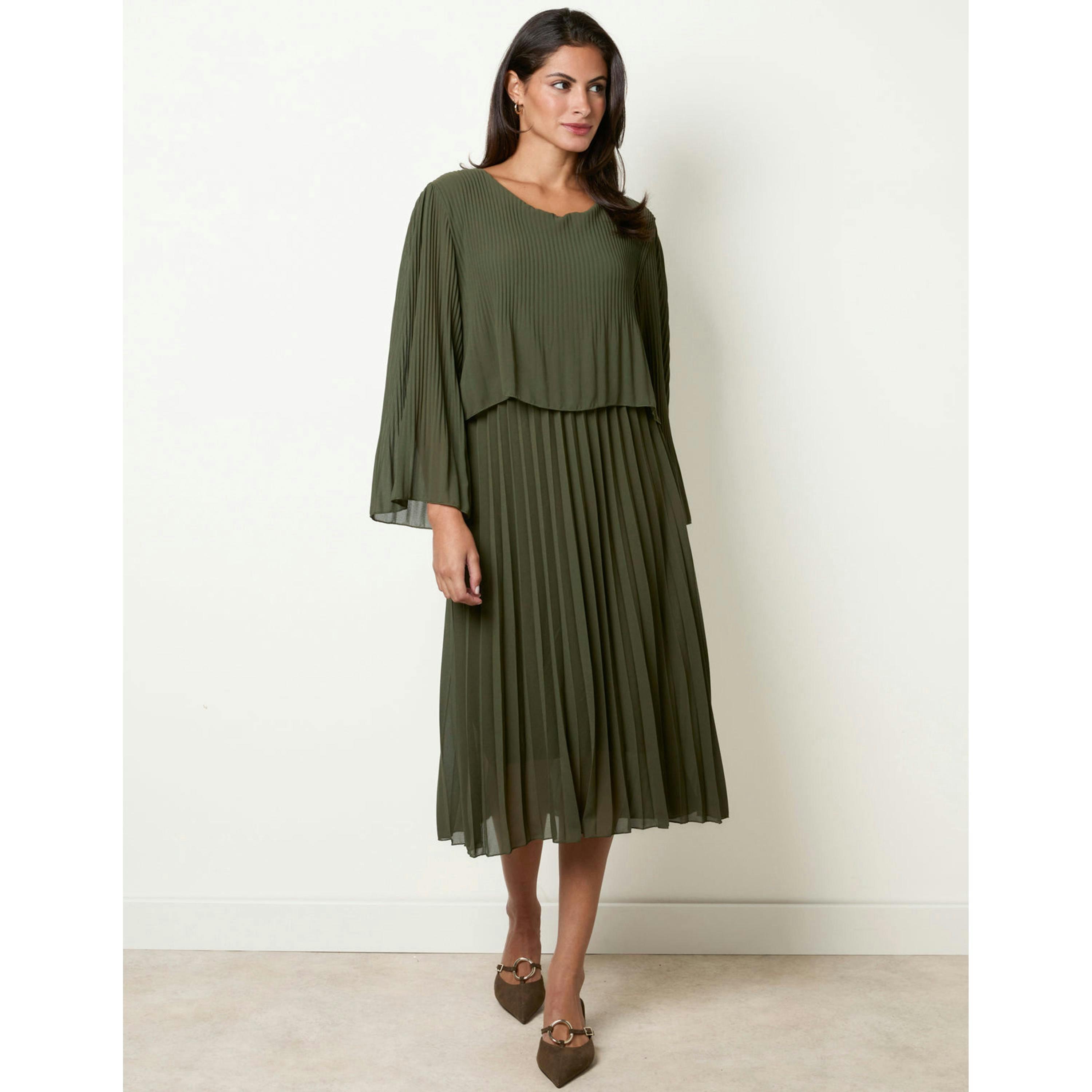 Blue Vanilla Chiffon Pleated Dress  in Khaki , view 3 of 4