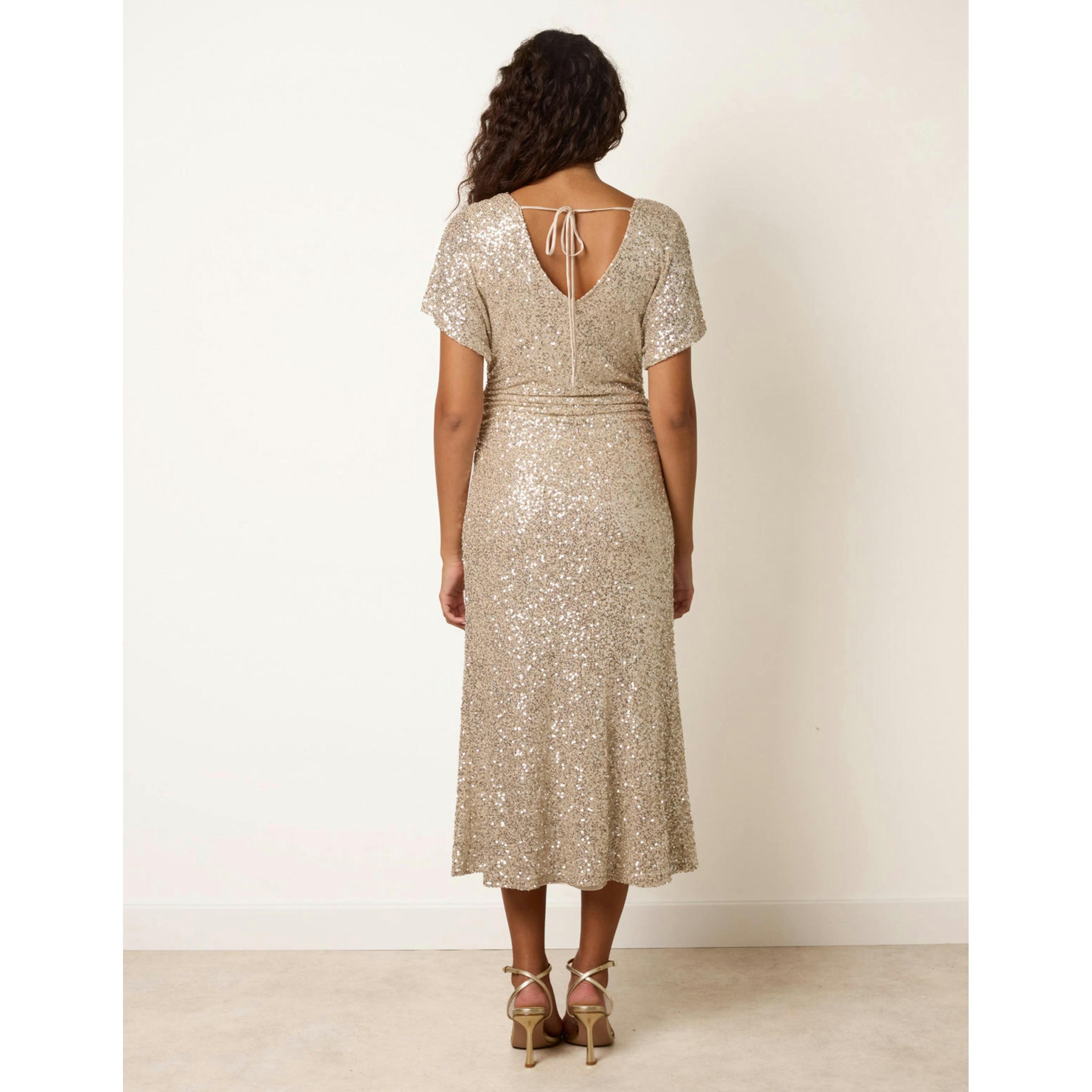 Blue Vanilla Ruched Midi Sequin Dress  in Champagne , view 2 of 4
