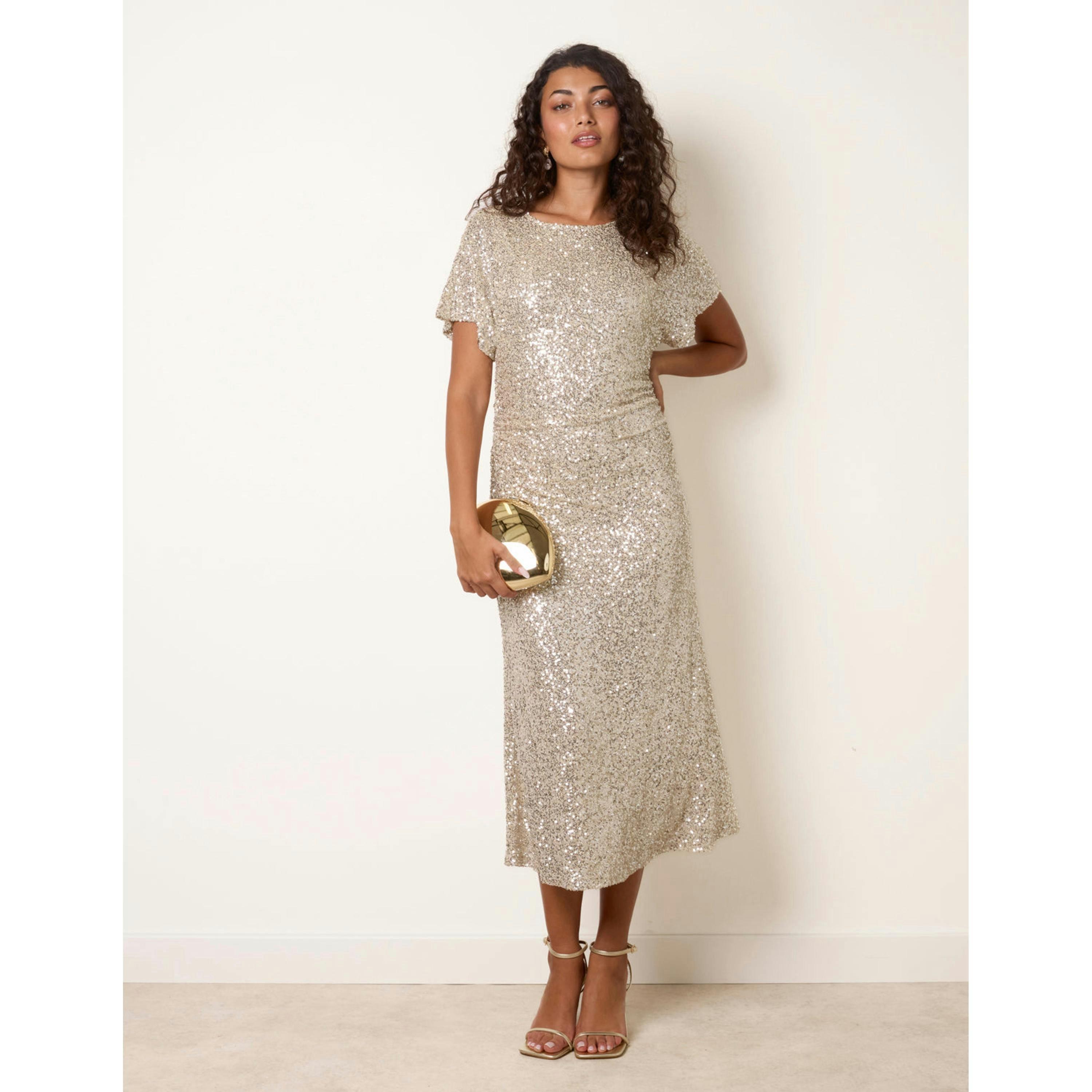 Blue Vanilla Ruched Midi Sequin Dress  in Champagne , view 4 of 4