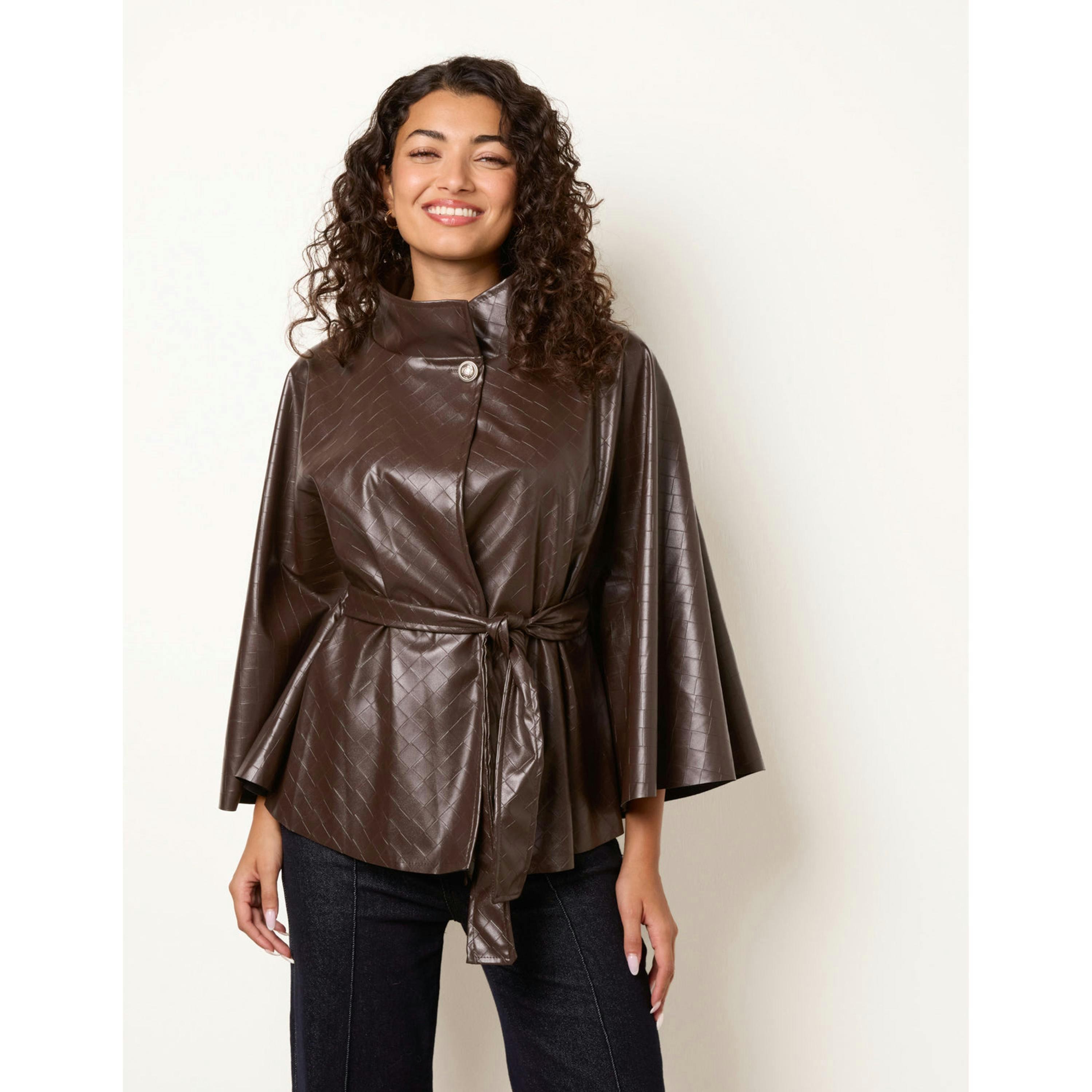 Blue Vanilla High Funnel Neck PU Leather Cape  in Brown , view 3 of 4