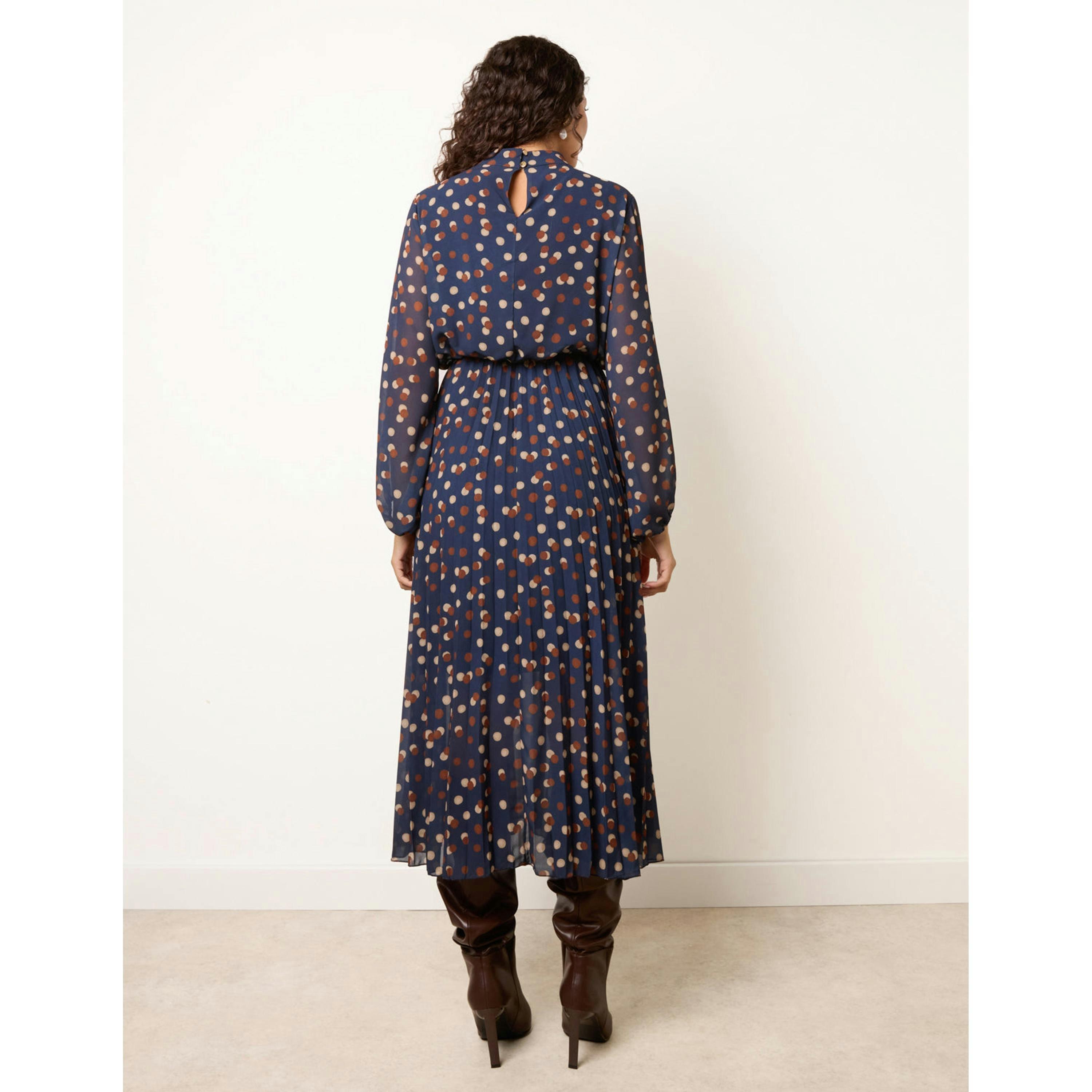 Blue Vanilla Shadow Polka Dot High Neck Pleated Dress  in Navy , view 2 of 4