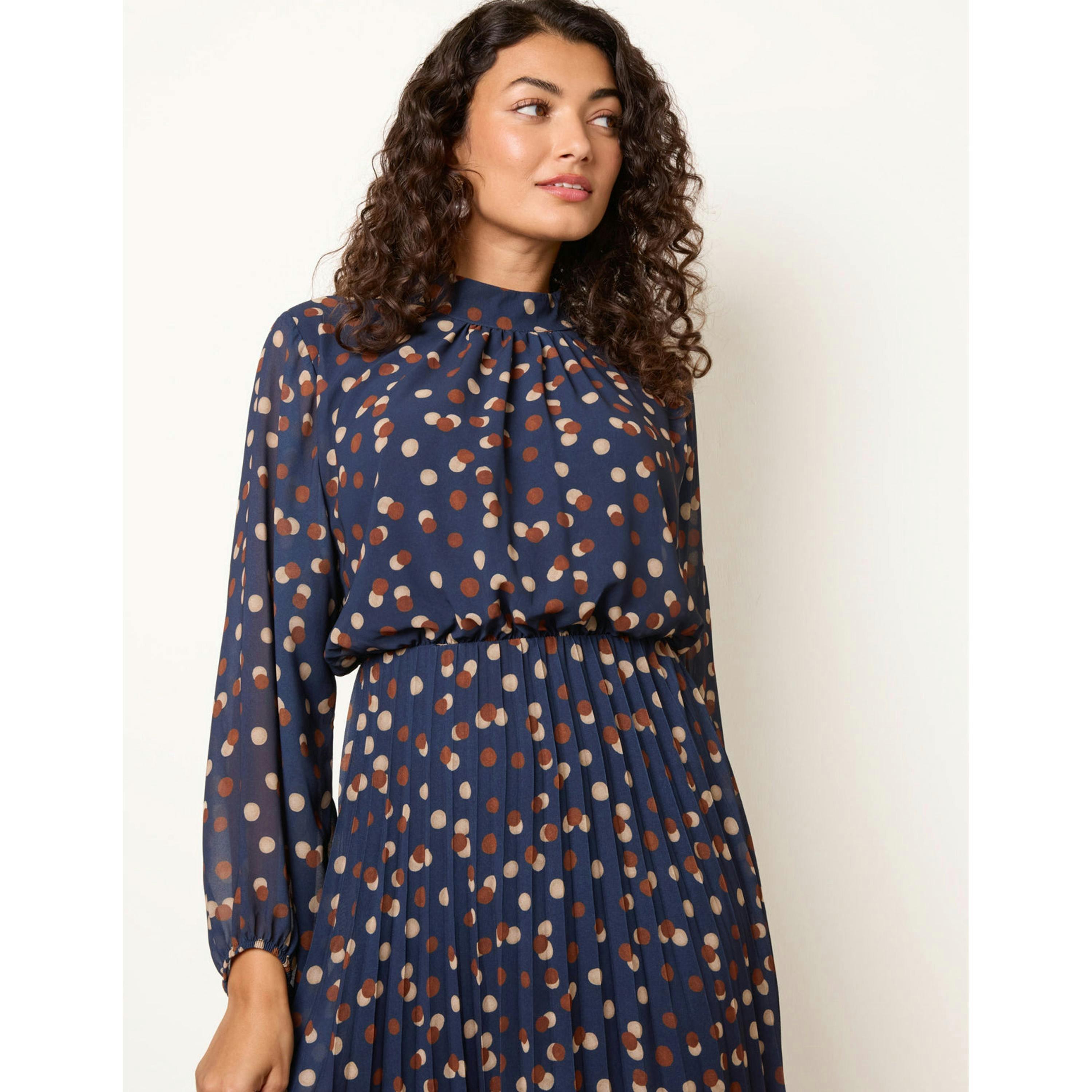 Blue Vanilla Shadow Polka Dot High Neck Pleated Dress  in Navy , view 3 of 4