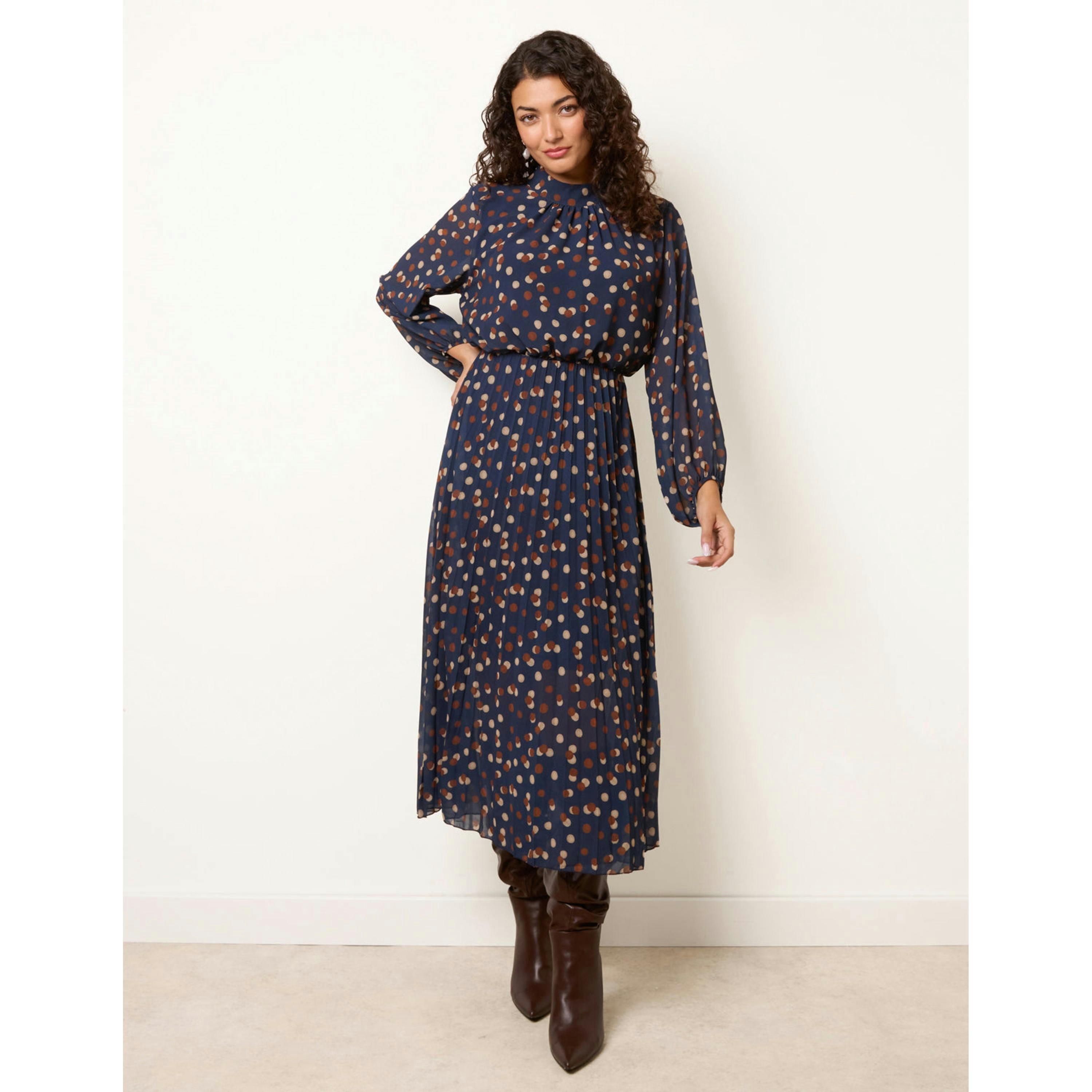 Blue Vanilla Shadow Polka Dot High Neck Pleated Dress  in Navy , view 4 of 4