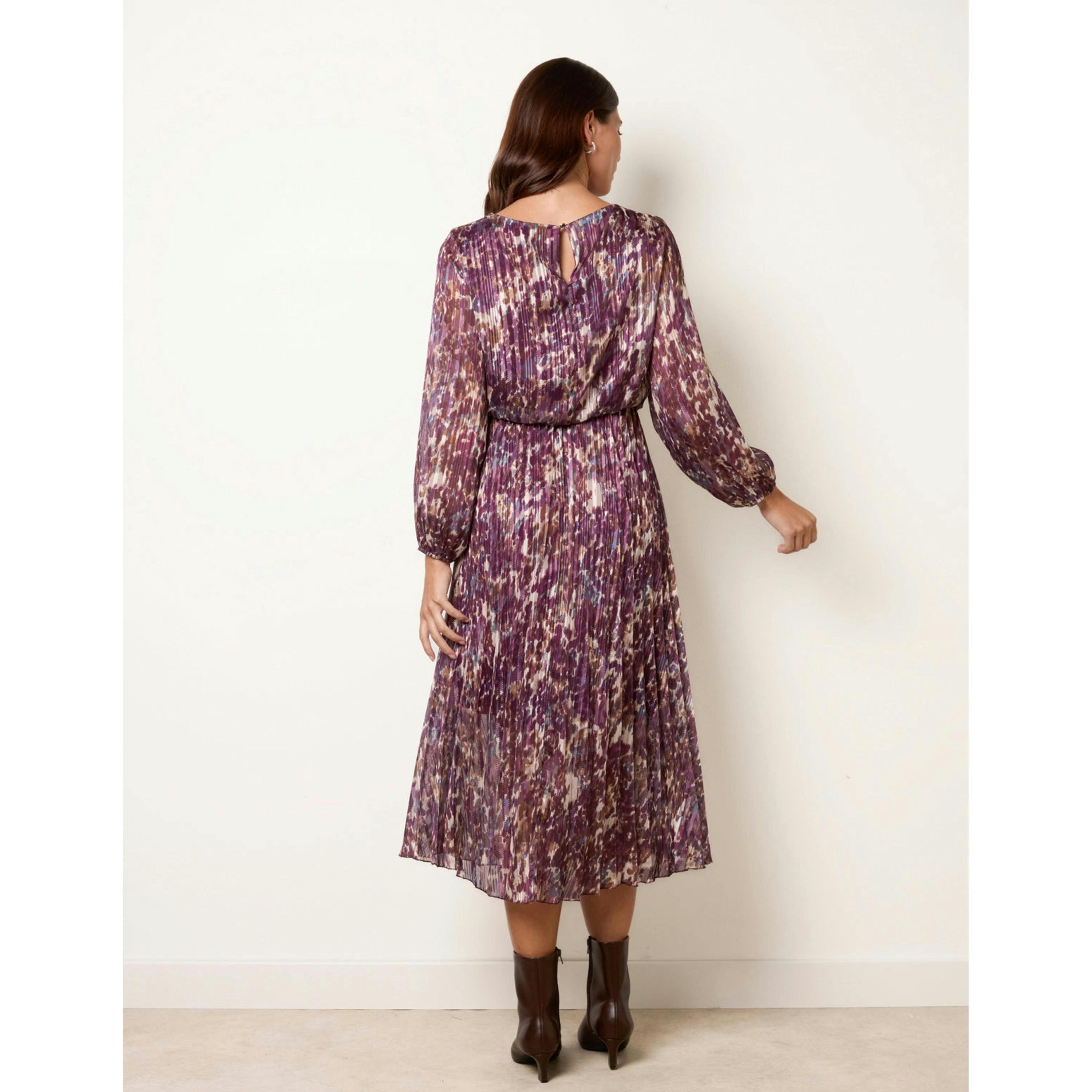 Blue Vanilla Metallic Leopard Print Pleated Scoop Pleated Dress  in Purple , view 2 of 4