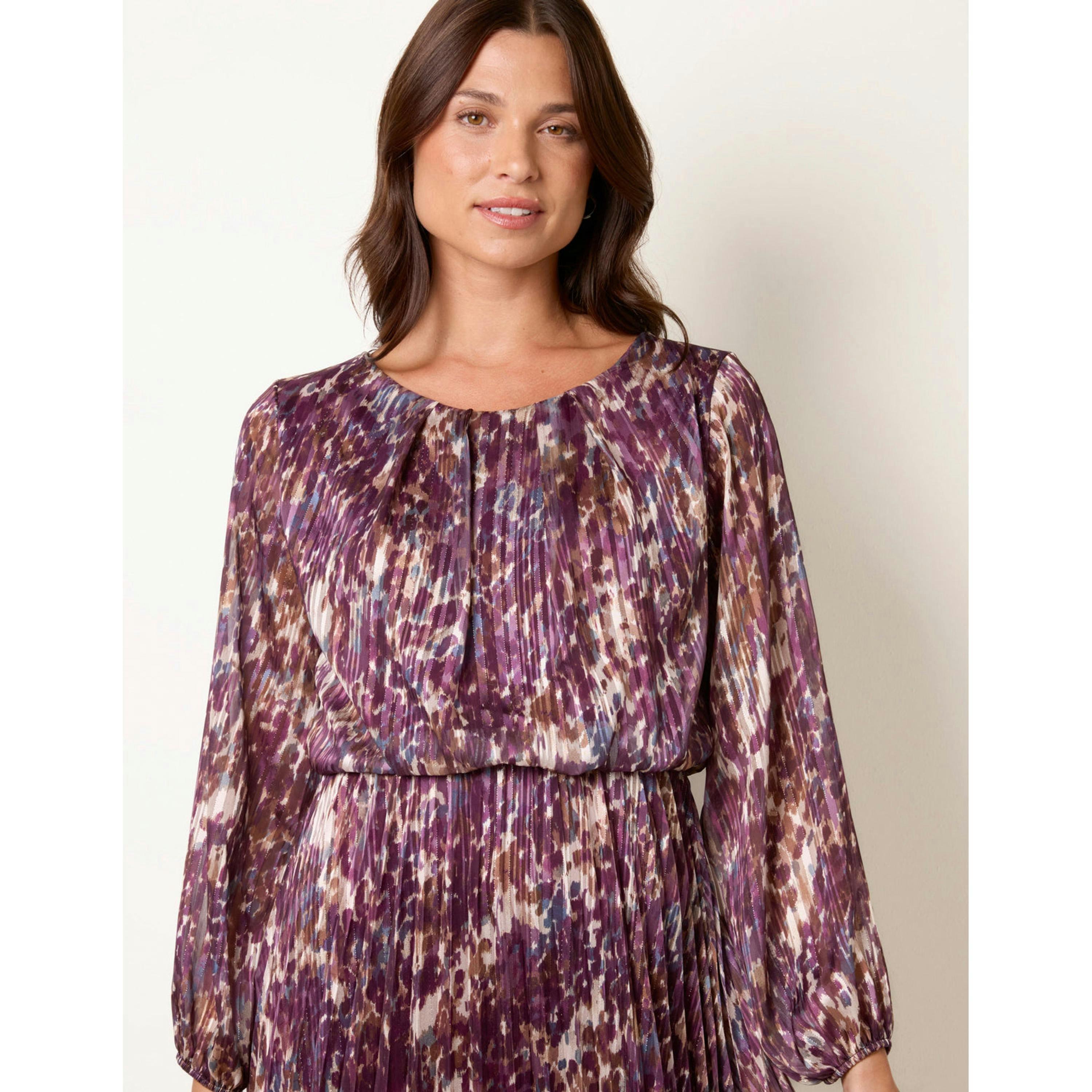 Blue Vanilla Metallic Leopard Print Pleated Scoop Pleated Dress  in Purple , view 3 of 4