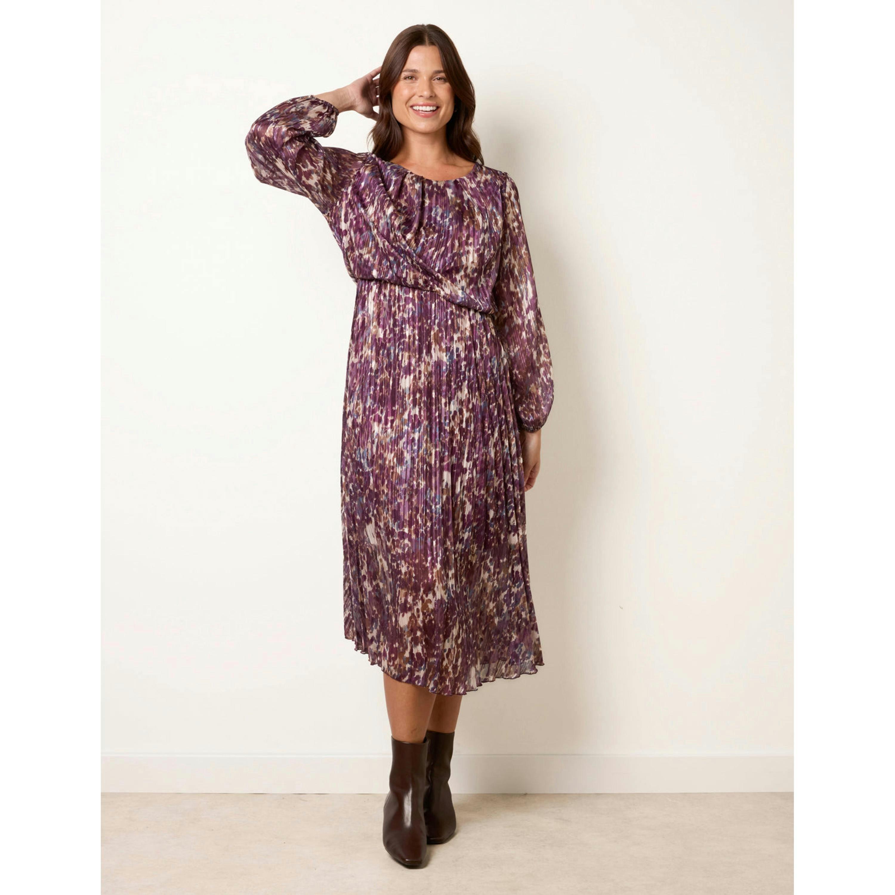 Blue Vanilla Metallic Leopard Print Pleated Scoop Pleated Dress  in Purple , view 4 of 4