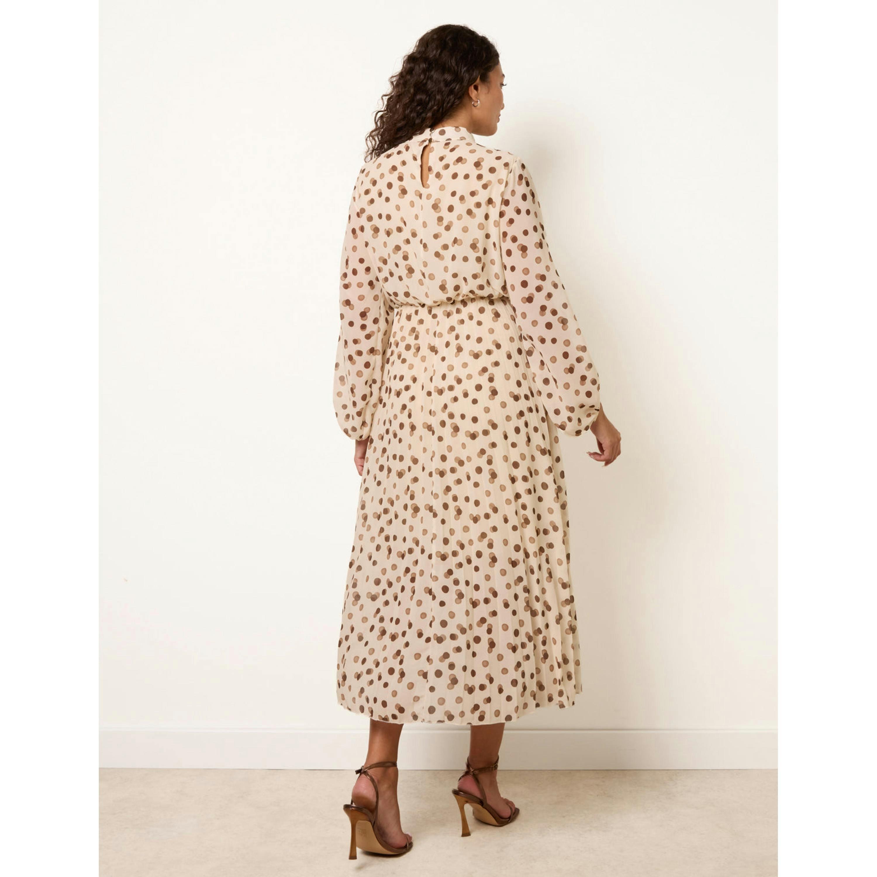 Blue Vanilla Shadow Polka Dot High Neck Pleated Dress  in Ivory , view 2 of 4