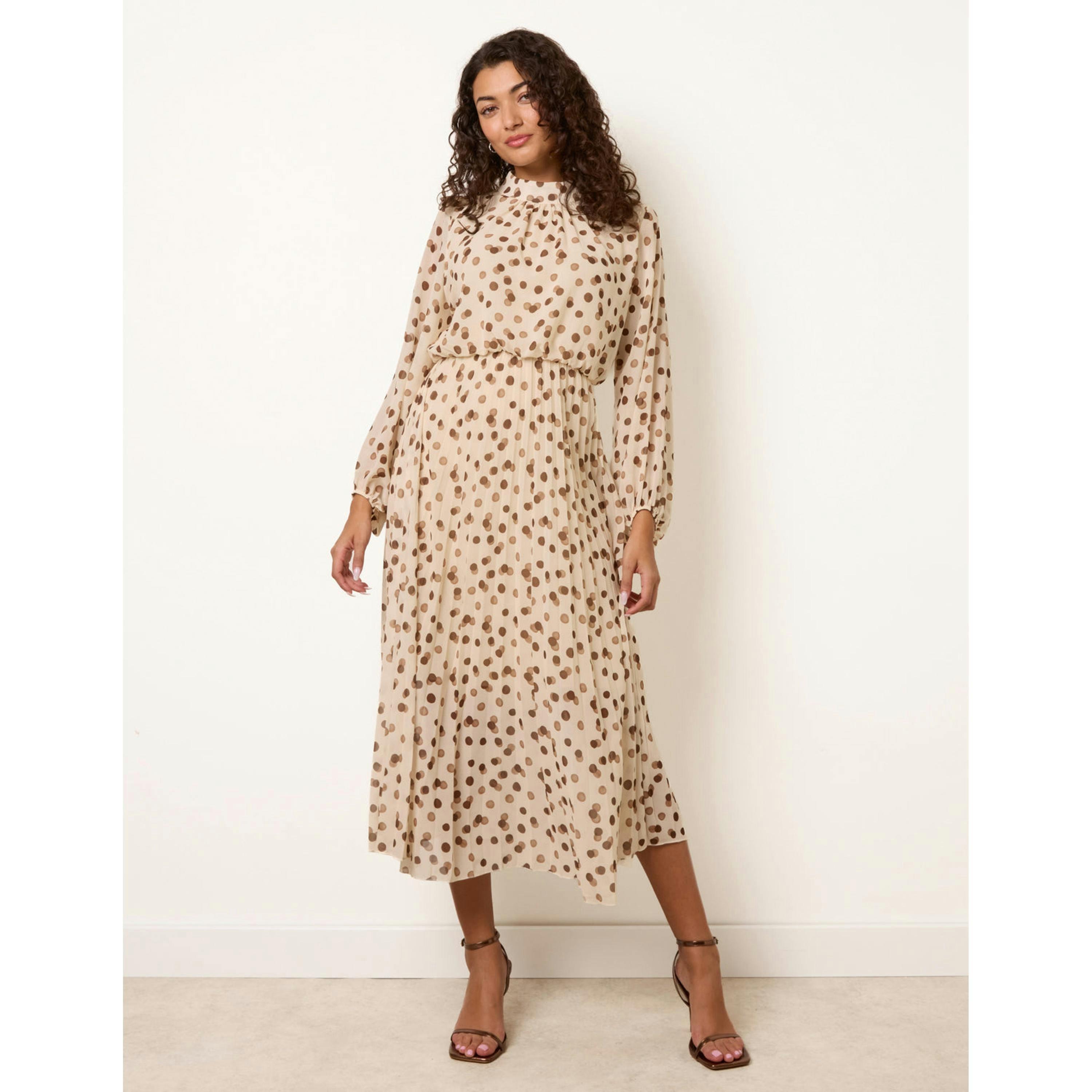 Blue Vanilla Shadow Polka Dot High Neck Pleated Dress  in Ivory , view 4 of 4