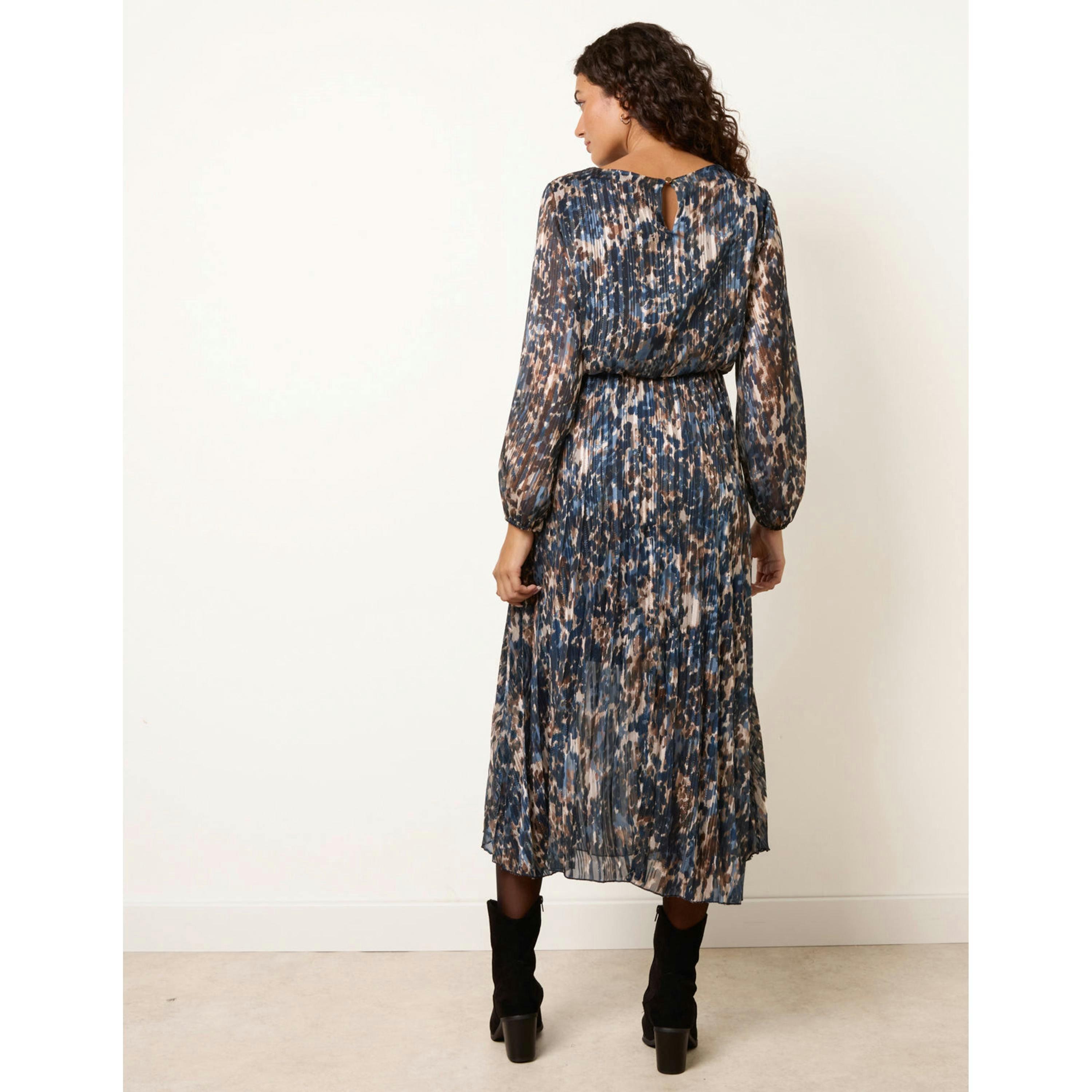 Blue Vanilla Metallic Leopard Print Pleated Scoop Pleated Dress  in Navy , view 2 of 4