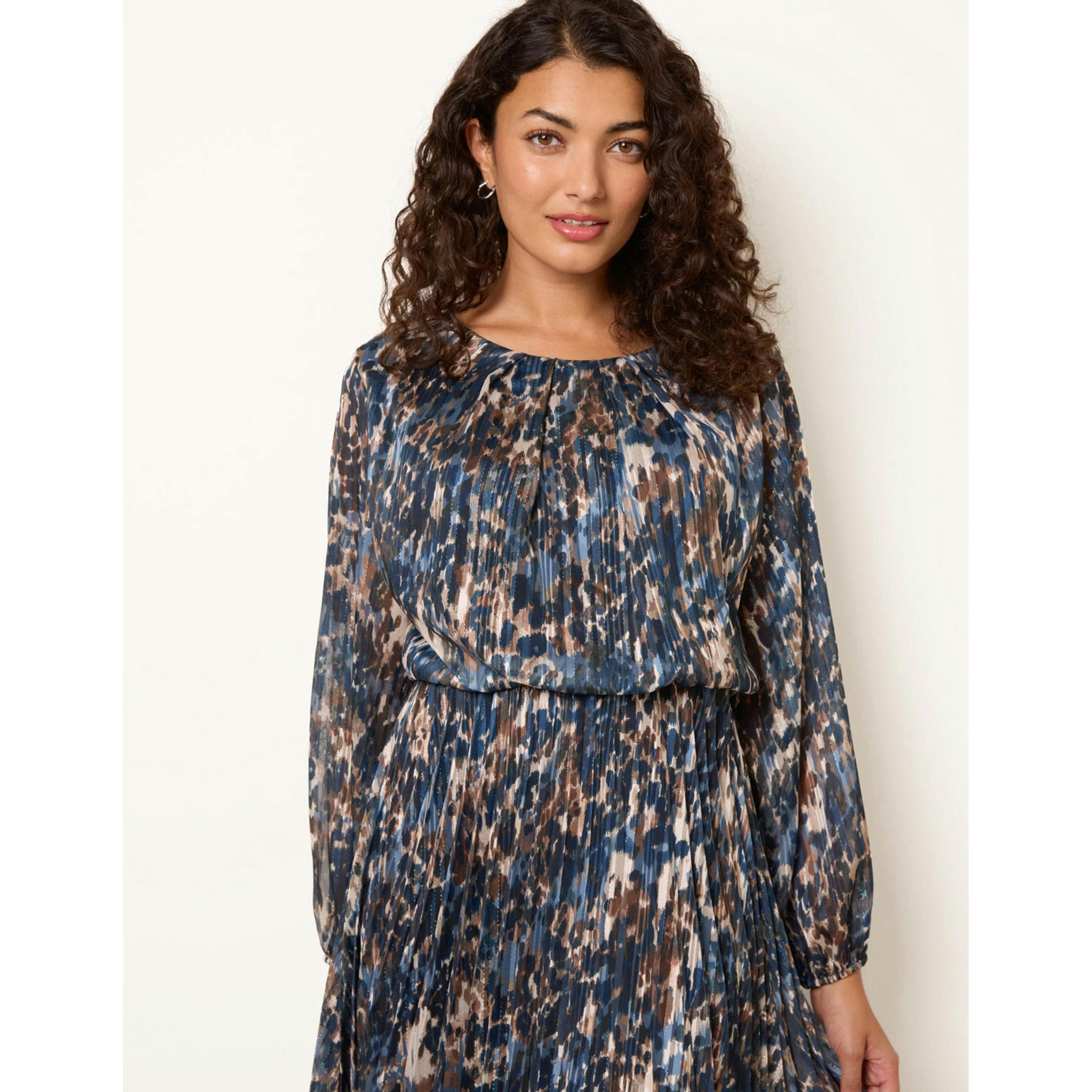 Blue Vanilla Metallic Leopard Print Pleated Scoop Pleated Dress  in Navy , view 3 of 4