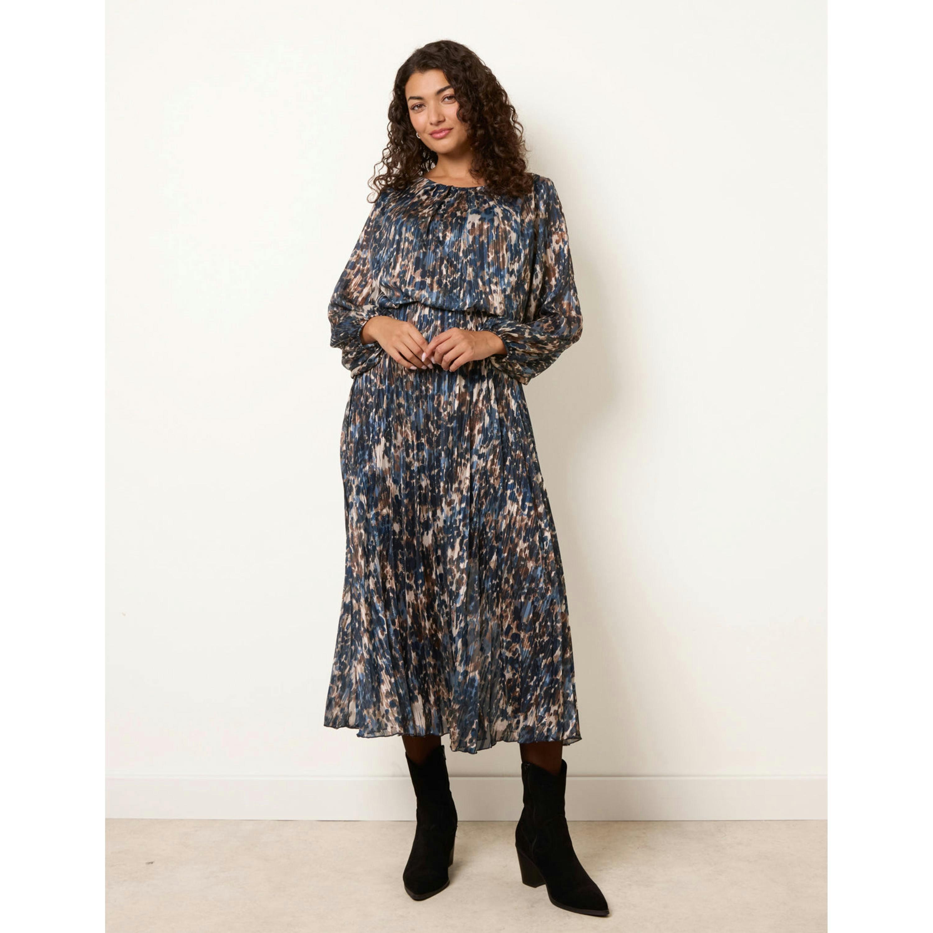 Blue Vanilla Metallic Leopard Print Pleated Scoop Pleated Dress  in Navy , view 4 of 4