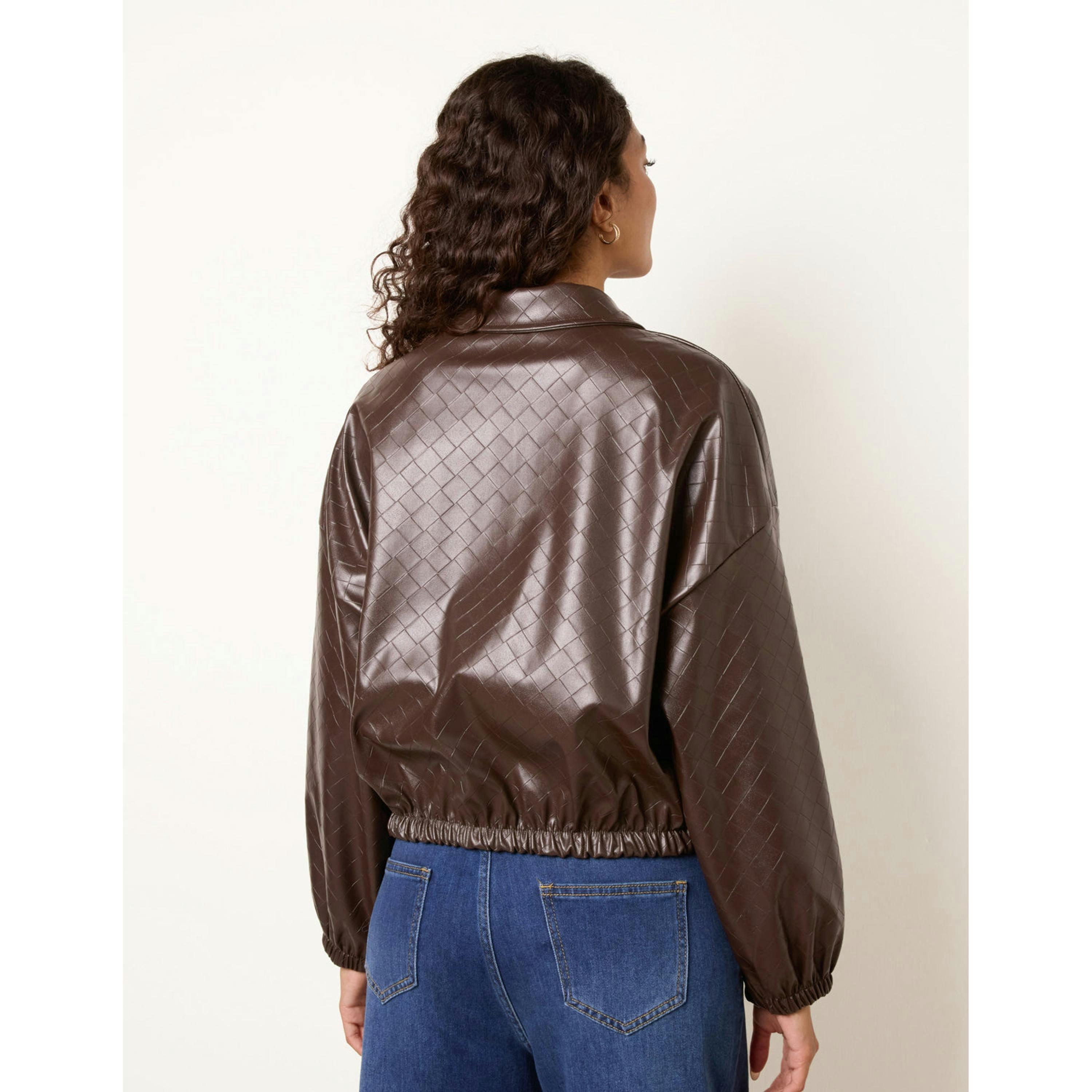Blue Vanilla Square Collar Zipper PU Leather Bomber Jacket  in Brown , view 2 of 4