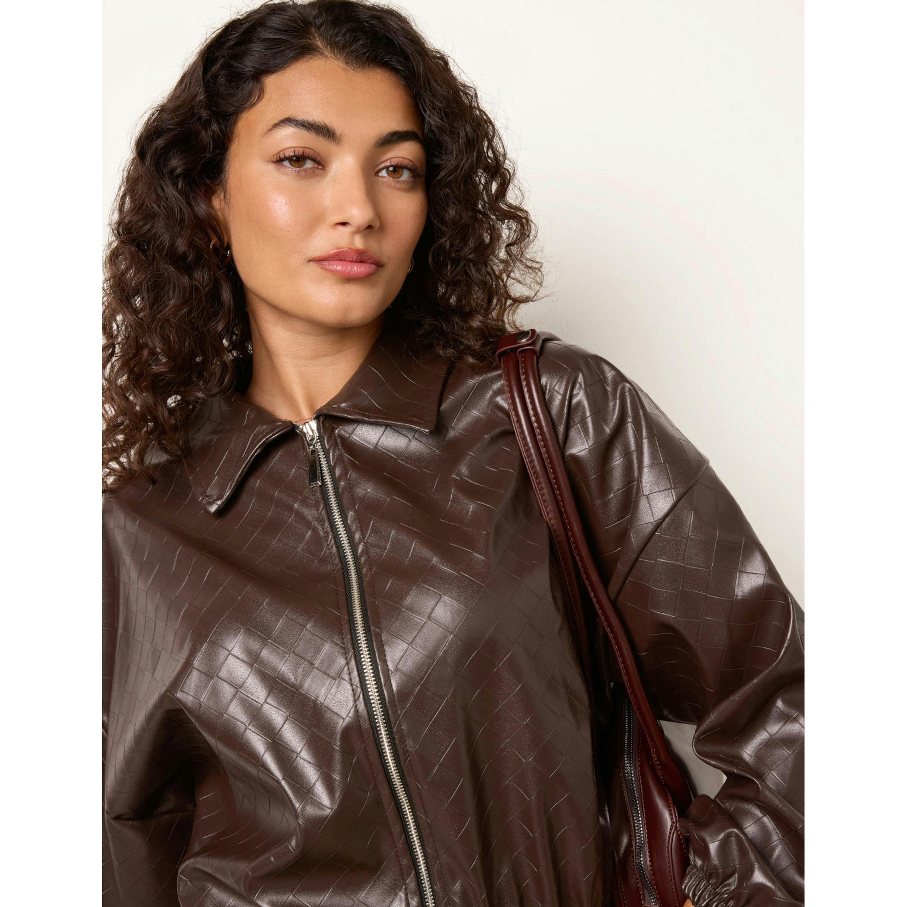 Blue Vanilla Square Collar Zipper PU Leather Bomber Jacket  in Brown , view 3 of 4