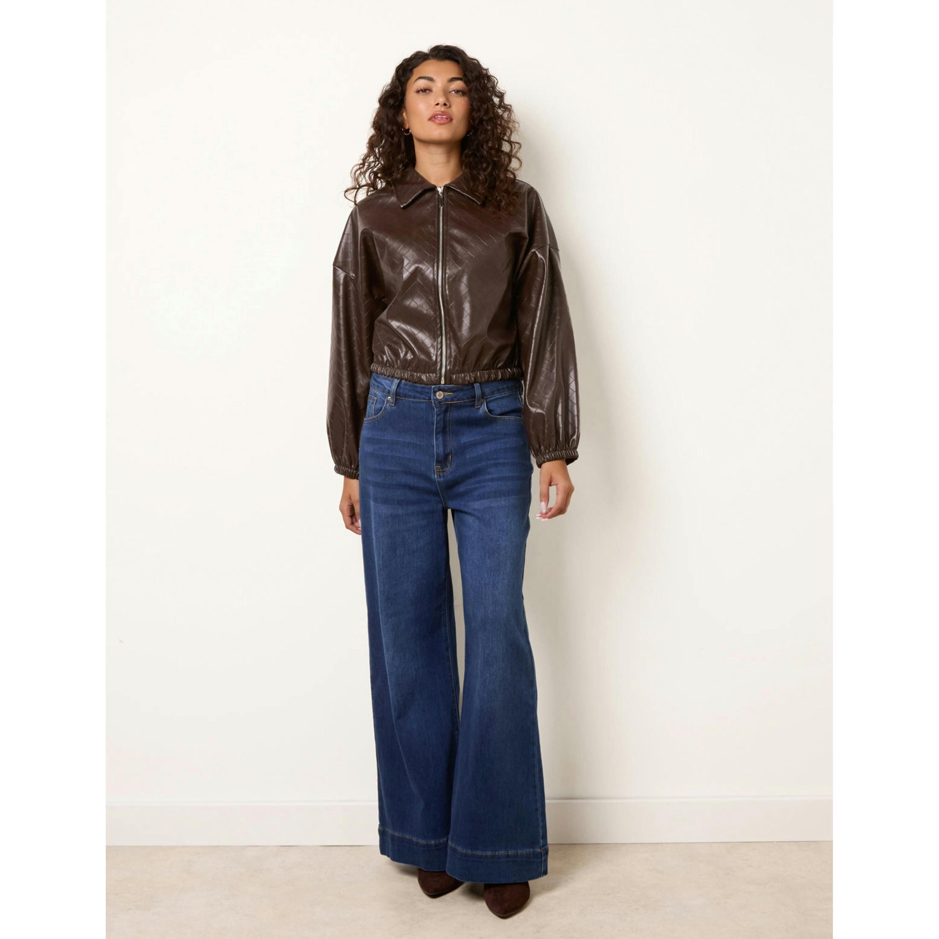 Blue Vanilla Square Collar Zipper PU Leather Bomber Jacket  in Brown , view 4 of 4