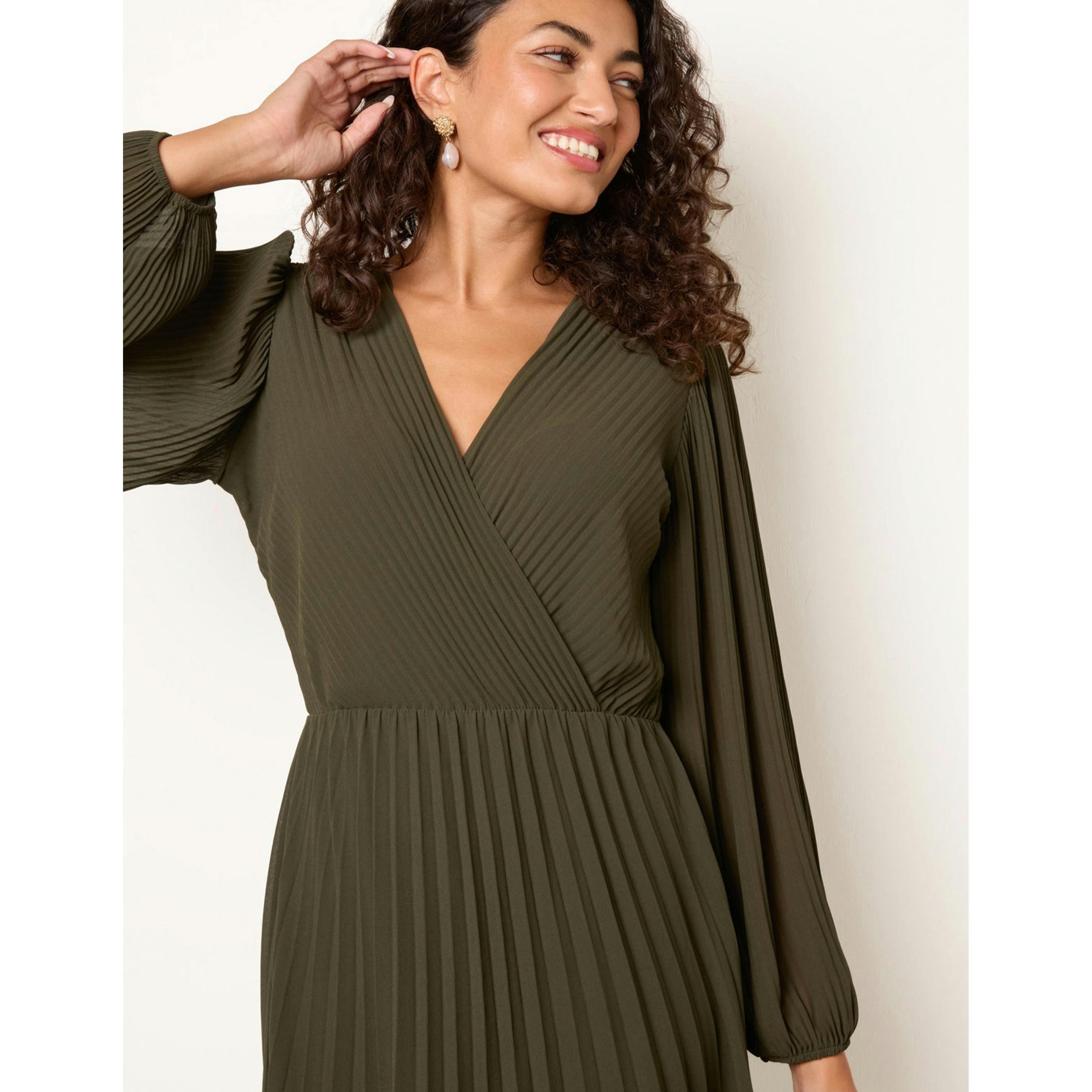 Blue Vanilla Chiffon Pleated Dress  in Khaki , view 3 of 4
