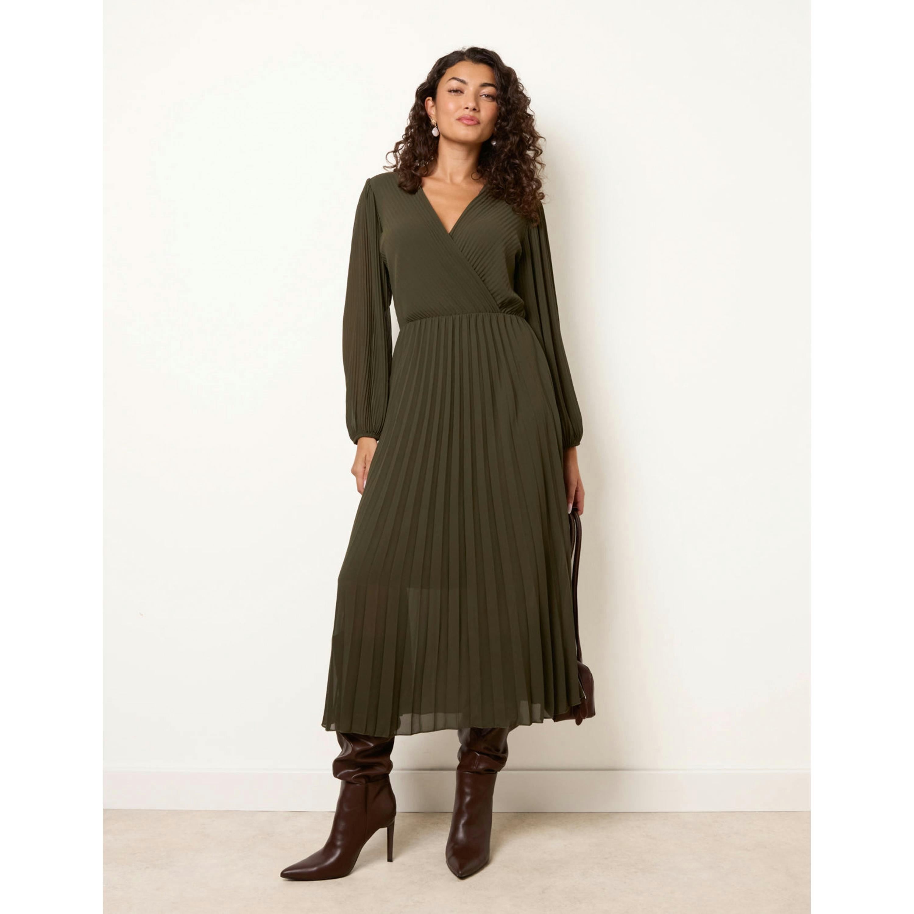 Blue Vanilla Chiffon Pleated Dress  in Khaki , view 4 of 4