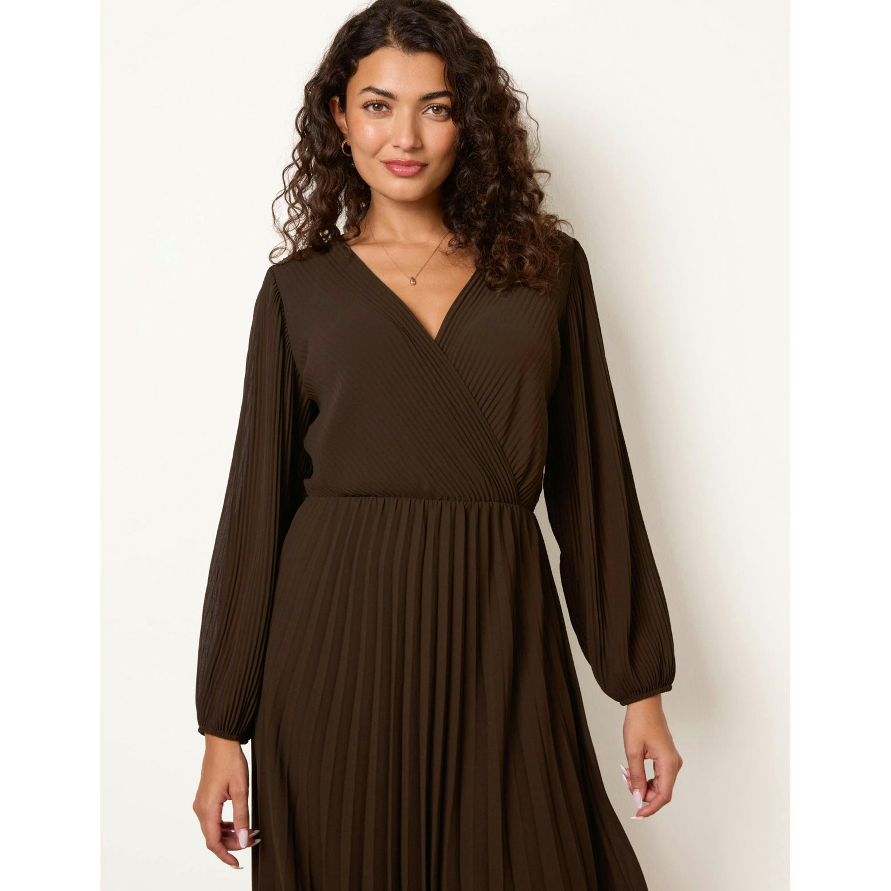 Blue Vanilla Chiffon Pleated Dress  in Brown , view 3 of 4