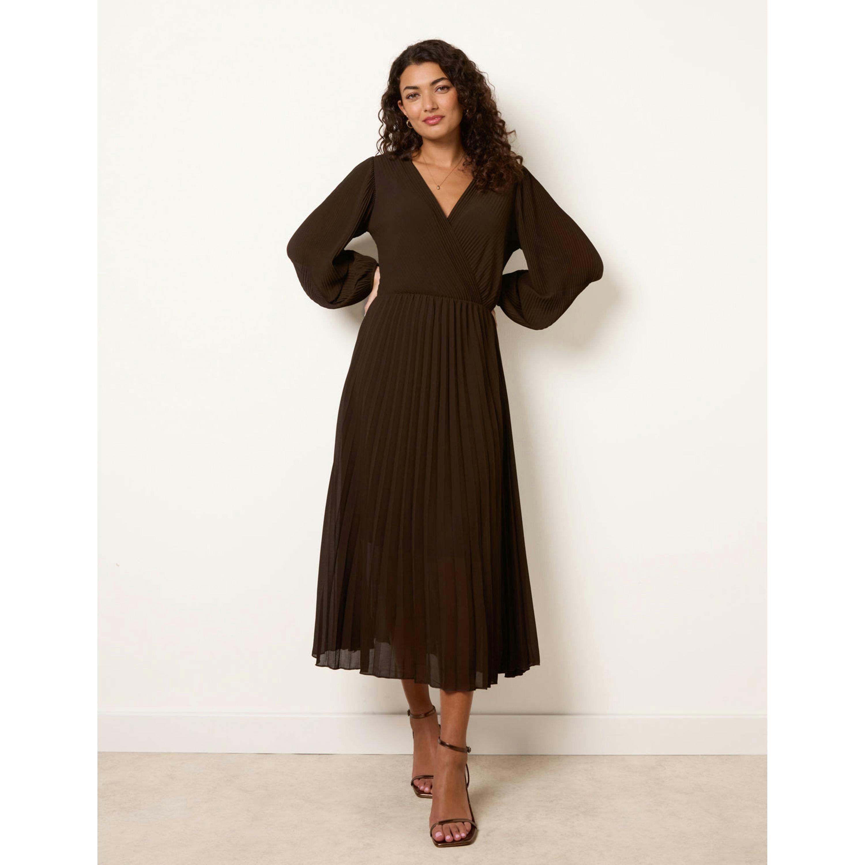 Blue Vanilla Chiffon Pleated Dress  in Brown , view 4 of 4