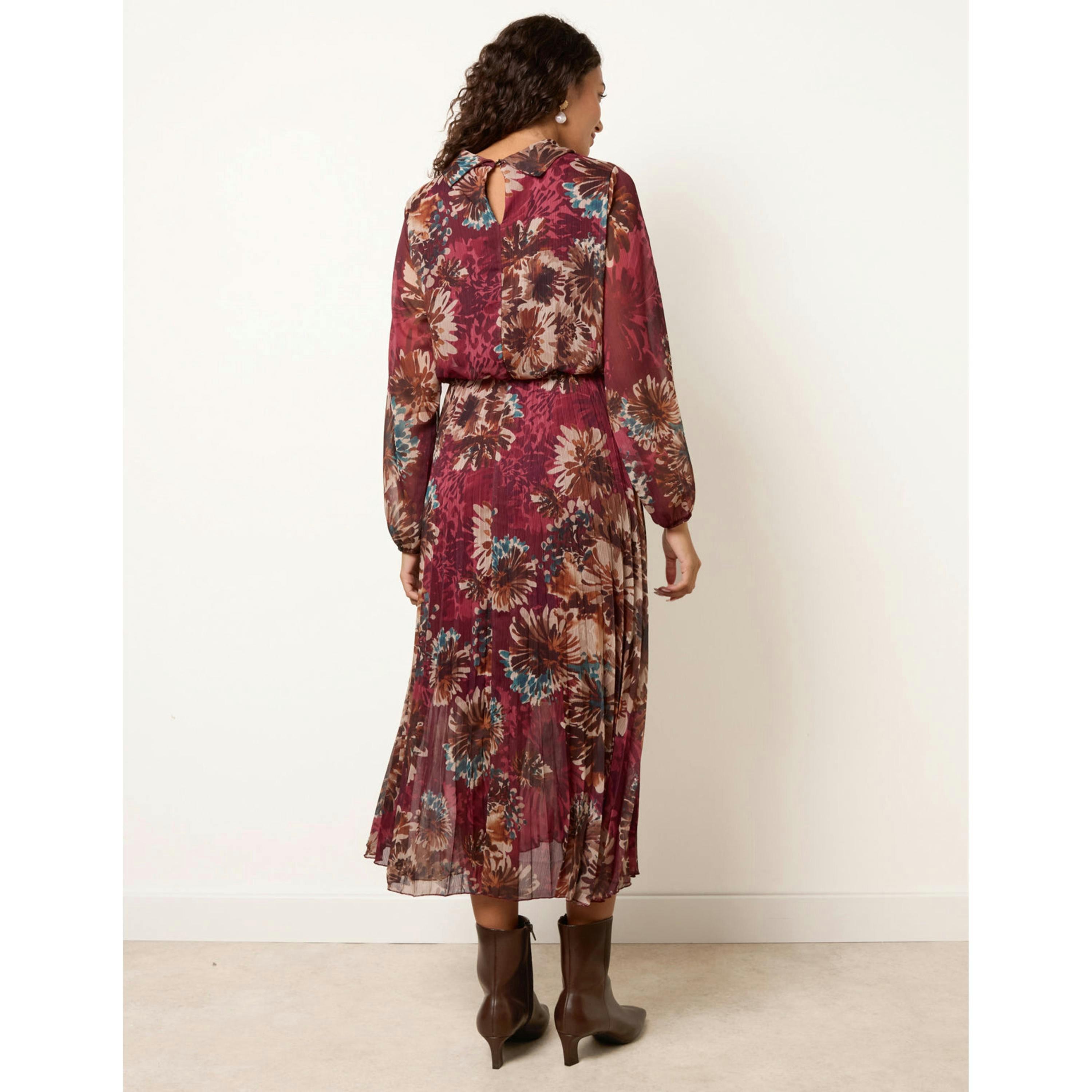 Blue Vanilla Floral Cowl Neck Long Sleeve Pleated Chiffon Dress  in Wine , view 2 of 4