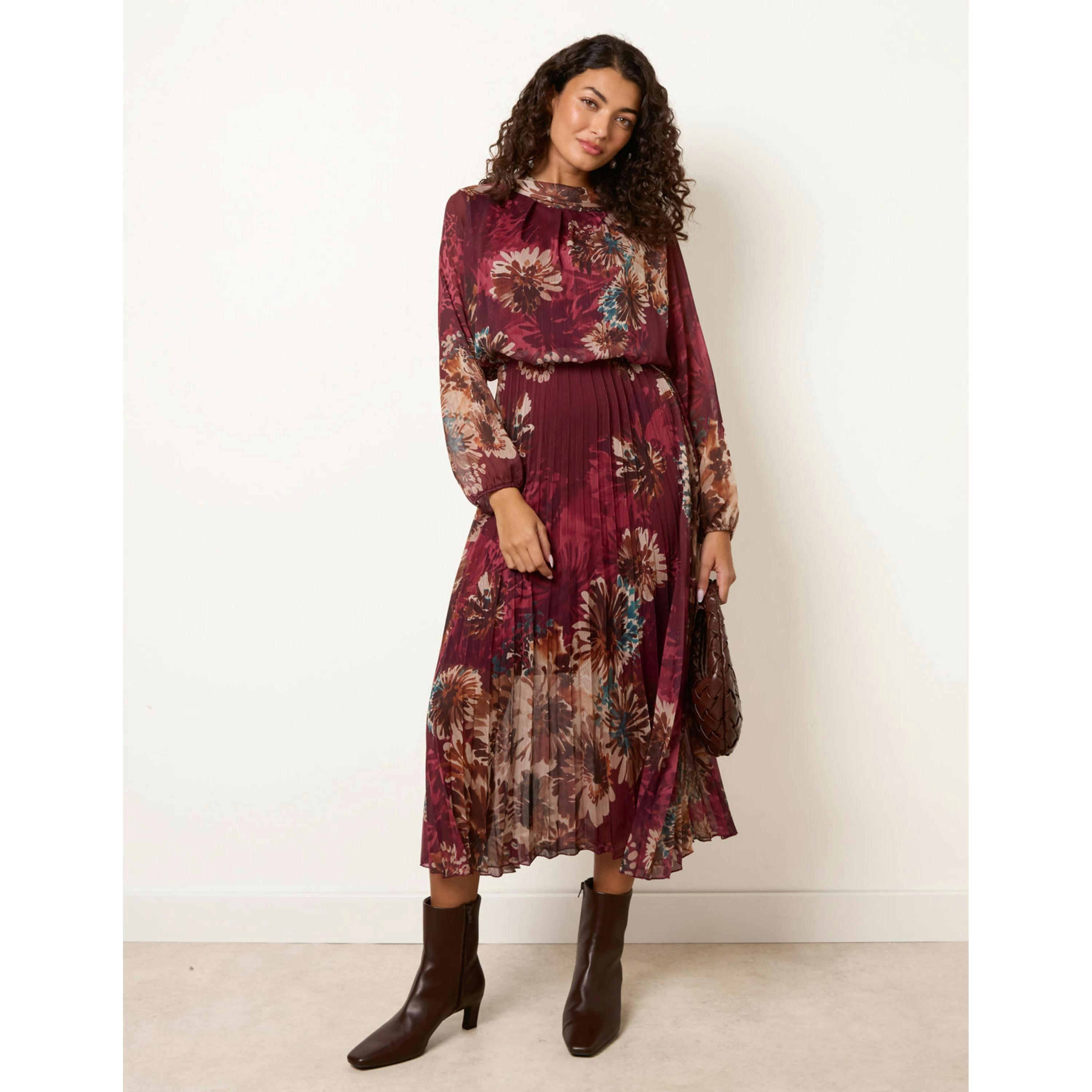 Blue Vanilla Floral Cowl Neck Long Sleeve Pleated Chiffon Dress  in Wine , view 3 of 4