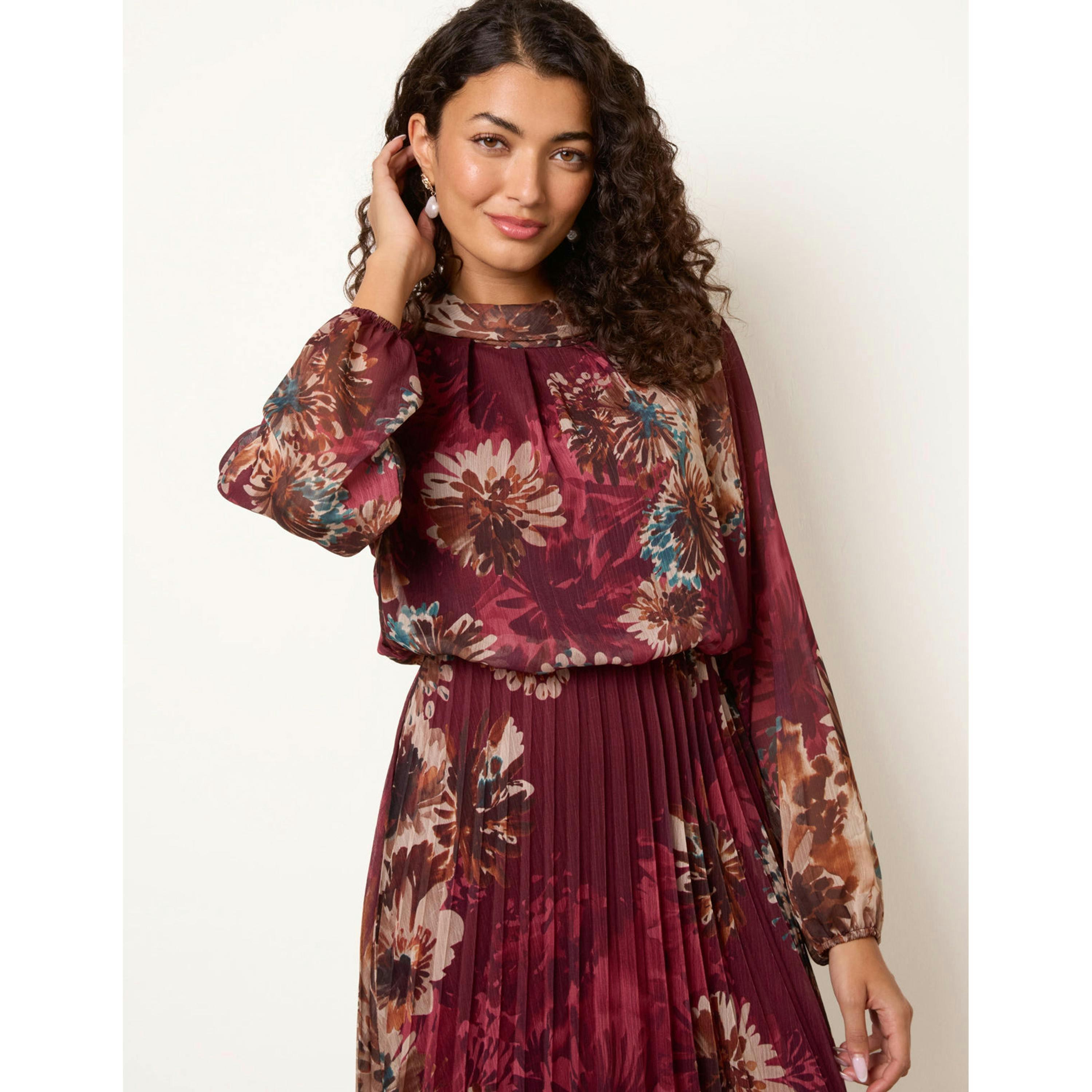Blue Vanilla Floral Cowl Neck Long Sleeve Pleated Chiffon Dress  in Wine , view 4 of 4
