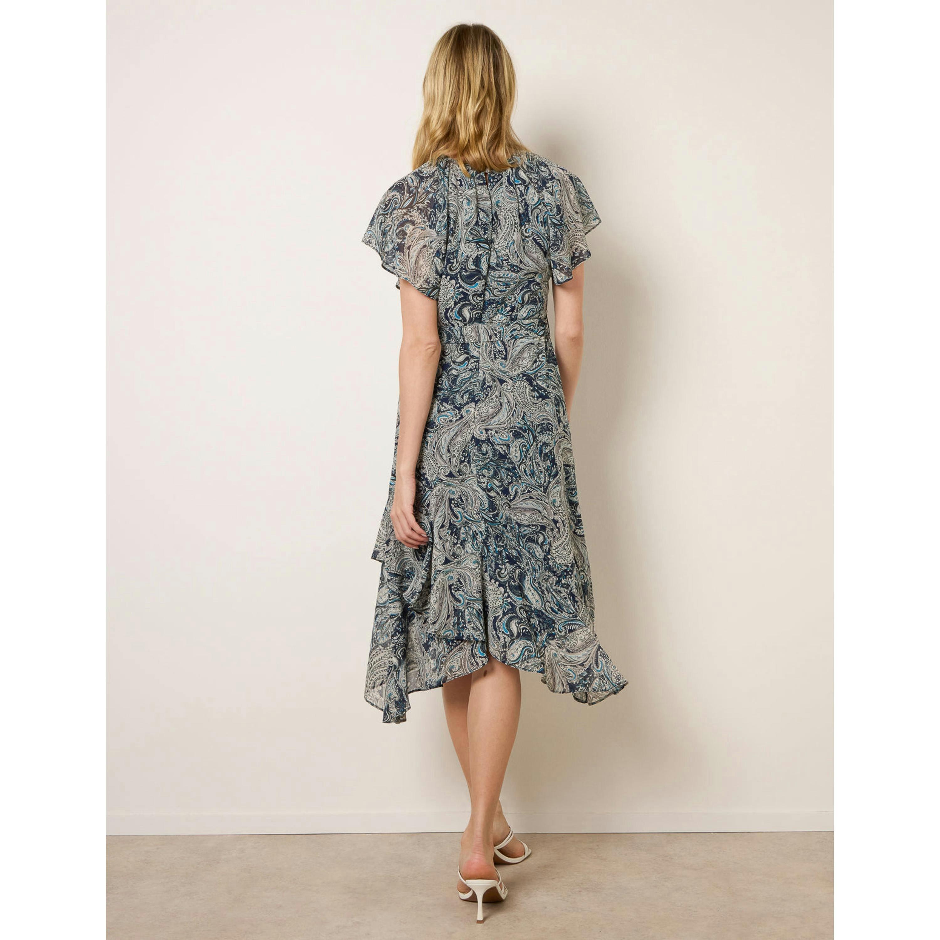 Blue Vanilla Paisley Print Angel Sleeve Asymmetric Midi Dress  in Navy , view 2 of 4