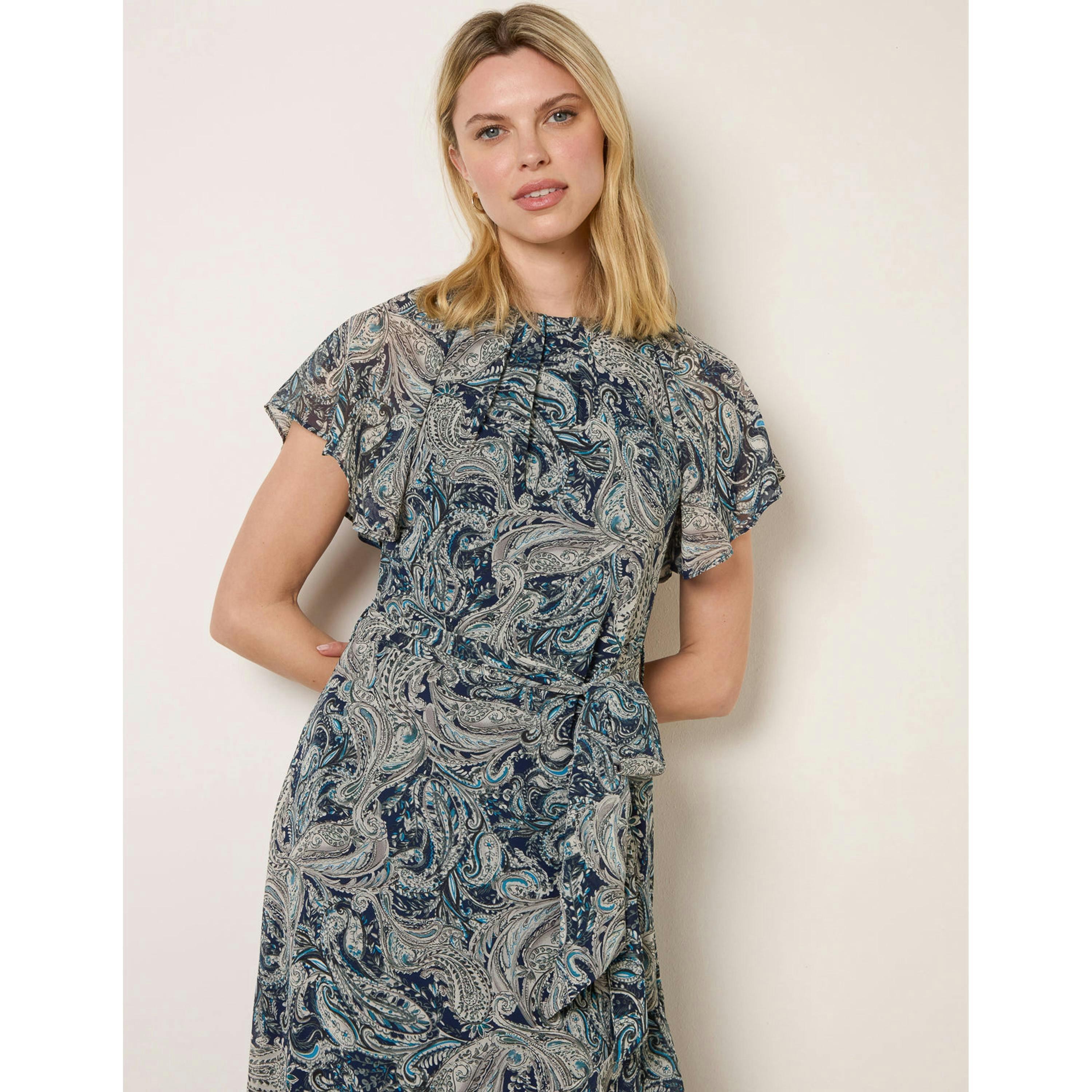 Blue Vanilla Paisley Print Angel Sleeve Asymmetric Midi Dress  in Navy , view 3 of 4