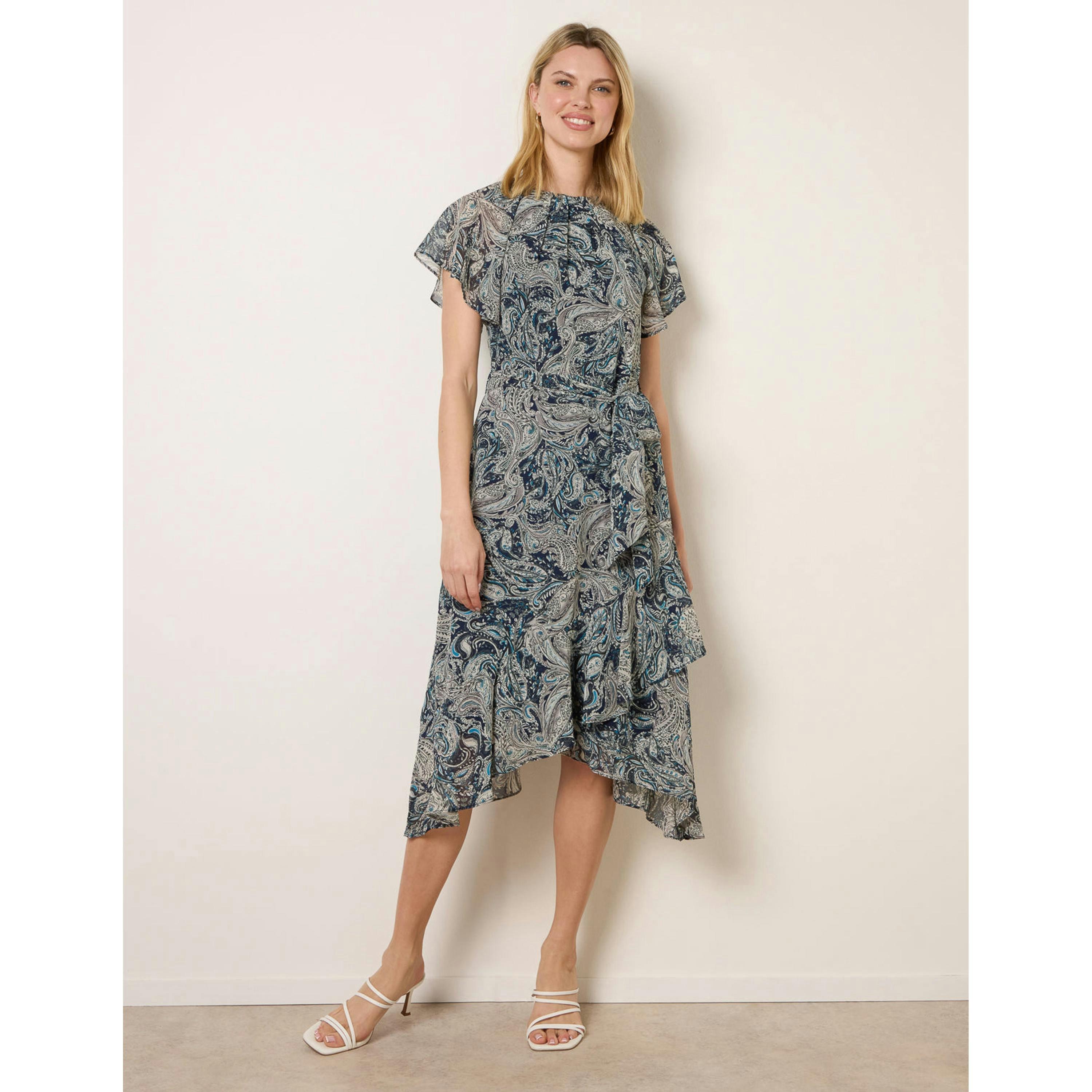 Blue Vanilla Paisley Print Angel Sleeve Asymmetric Midi Dress  in Navy , view 4 of 4